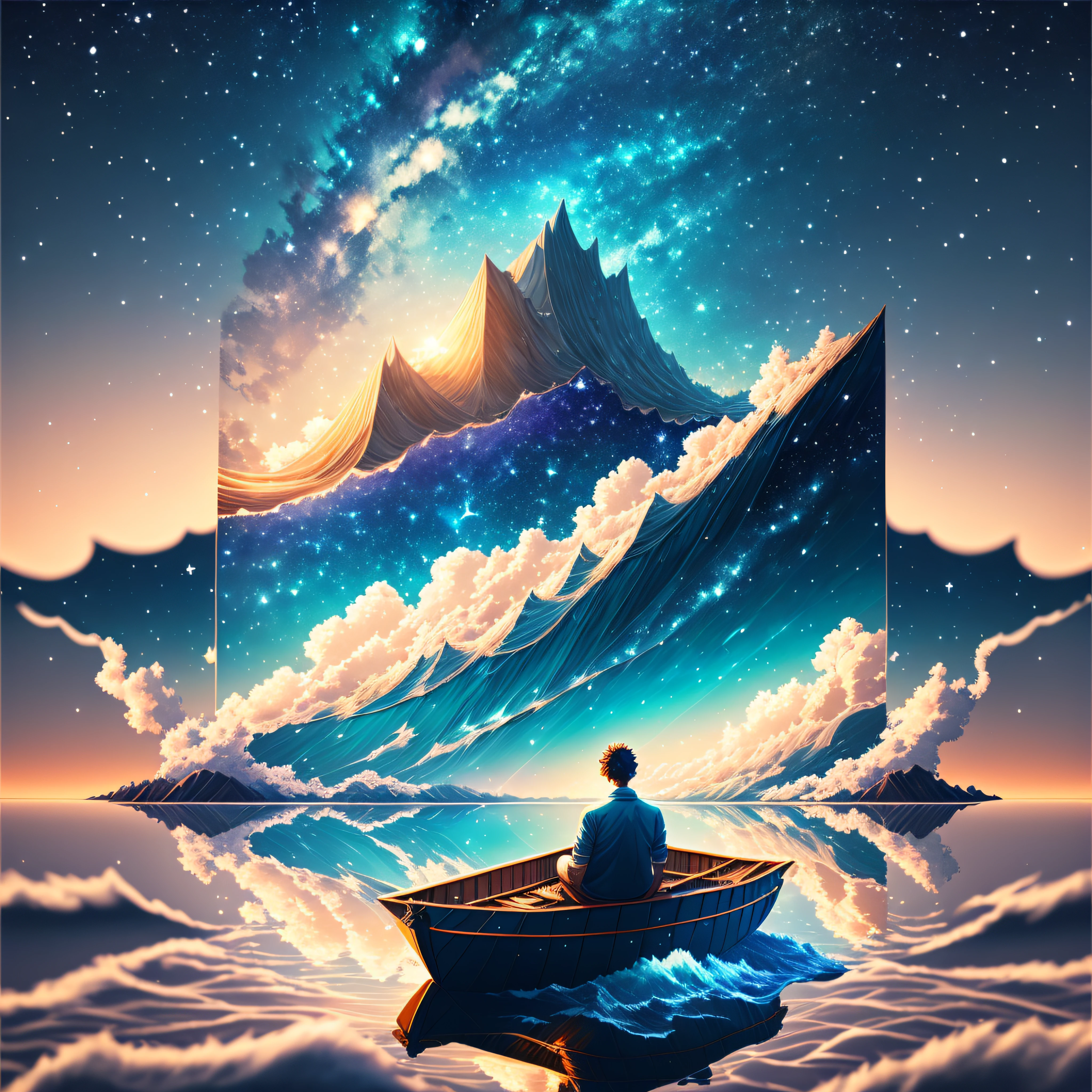The vast starry sky, Vast sea, raft, A young man, Feel the sea breeze with your arms outstretched, High-altitude view, ray tracing, reflection light, cinematic lighting, Romanticism, anime style, UHD, masterpiece, ccurate, textured skin, super detail, super detail, award winning, best quality, 16k --auto