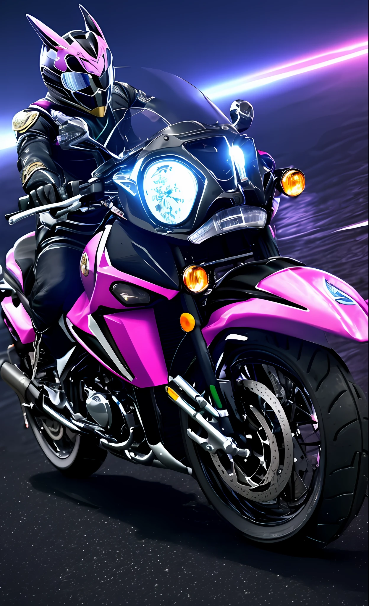 A highly detailed「Kamen Rider in the shape of a rabbit」3D rendering of a|cyborgs]Pink cybernetics and pink armor、nffsw、8K、Sub-surface scattering、Specular Light、Hi-Res、octane renderings、Ray traching、Pink rabbit ears、Mobilesuit、riding on motorcycle、natta