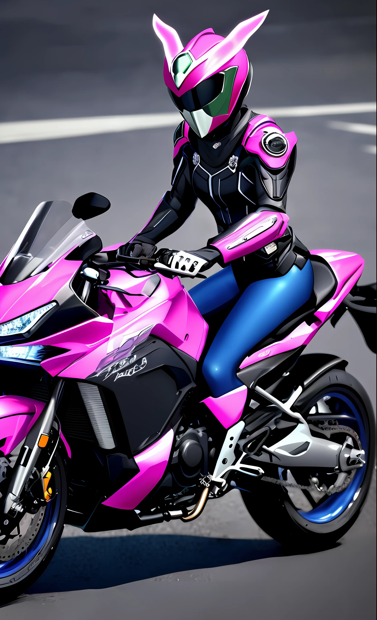 A highly detailed「Kamen Rider in the shape of a rabbit」3D rendering of a|cyborgs]Pink cybernetics and pink armor、nffsw、8K、Sub-surface scattering、Specular Light、Hi-Res、octane renderings、Ray traching、Pink rabbit ears、Mobilesuit、riding on motorcycle、natta