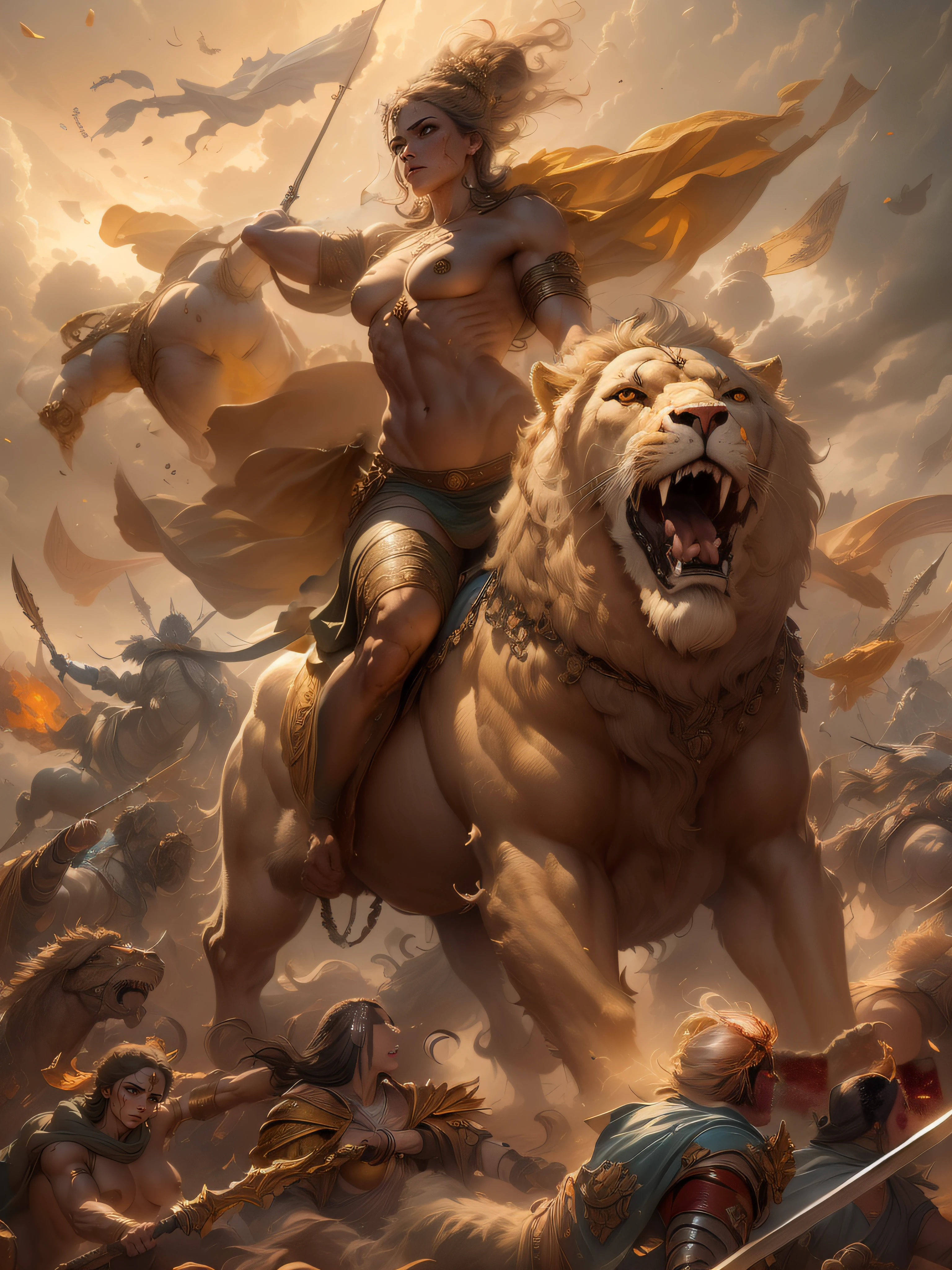 women Riding an giant lion, a mature female, many soldiers outside, male muscle, full body, stand, cinematic screen, ethereal, detailed, alluring succubus, ethereal beauty, perched on a cloud, (fantasy illustration:1.3), enchanting gaze, captivating pose, otherworldly charm, mystical sky, soft colors, (detailed cloudscape:1.3), (high-resolution:1.2), ((masterpiece)), (best quality), HDR, ((masterpiece)), (best quality), HDR, FEMME, Mirela Anton art Style, artistic, Soft color palette, windblown flowers, Sparkle, magical photography, Soft smooth lighting, Light background,[light smile], expressionless, On a vain this grand ancient battlefield, the ancient army engaged in intense combat with war chariots rushing forward and ancient warriors wielding swords and engaging in fierce battles. Blood splattered, weapons and armor were broken, and battle flags fluttered in the wind, symbolizing victory and glory. The war chariots charged forward, causing the ground to shake and metal sounds to ring out like thunder, stirring the enthusiasm of the warriors. The entire battlefield was filled with swords, blood, and flesh flying around. The warriors fought with all their might, exchanging their lives and blood for the victory of this war. The dust and smoke on the ground spread, and with each sword and explosion, the entire battlefield became even more majestic. However, the cost of the war was tragic, with countless soldiers falling on the battlefield, and their sacrifice was etched into the glorious history of the nation. hdr, (photorealism, masterpiece quality, best quality),