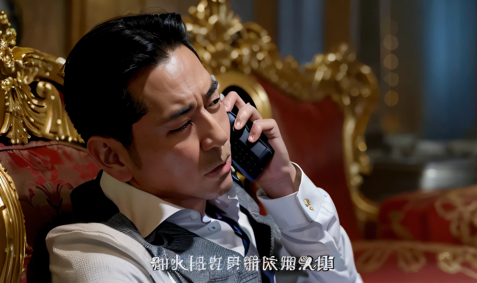 The Alfid man in the vest was on the phone, Chiba Yuda, screenshots from movies, Wang Chen, inspired by Li Tiefu, jia, like andy lau, Lu Ji, Middle Metaverse, live-action movie scenes, highlight scene of the movie,Young men,