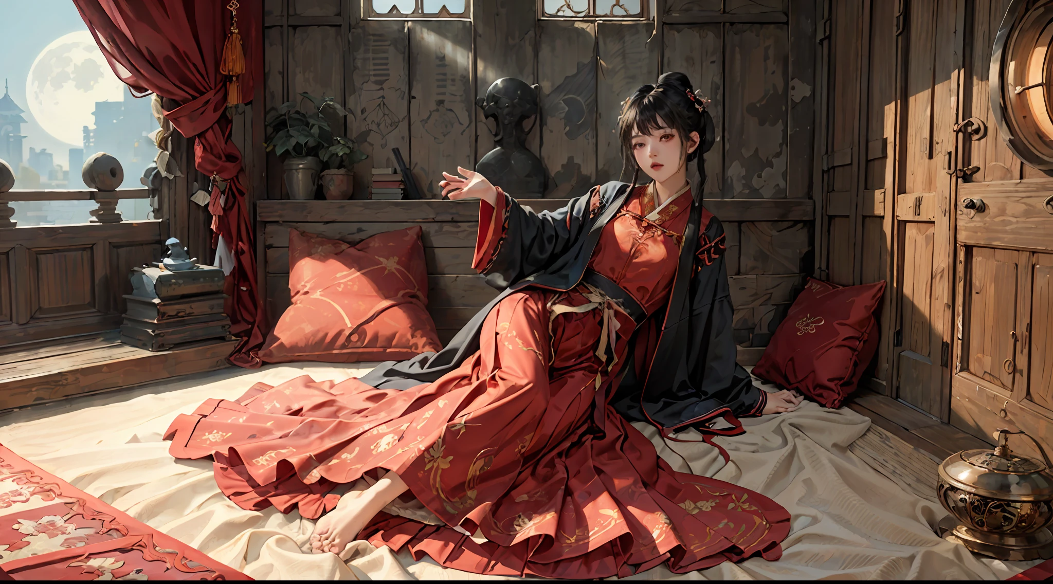 absurdres, highres, ultra detailed, (1girl:1.3), hand drawn, simple line, ar girl in red color Chinese Hanfu , masterpiece, on bed, barefoot，indoor,moon light, night time,