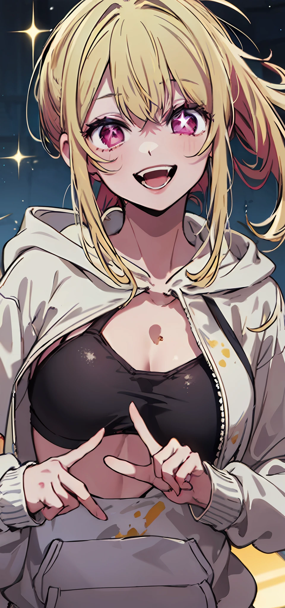 top-quality, masterpiece, tre anatomically correct, Original Characters , 1girl in, (Crazy smile:1.2) , blonde hair , bangss , Crazy eyes , hand on face , Upper body is shown., ((Wearing a white hoodie)), ((((You can see the chest)))), Yellow blood splatters on the face, yellow and black color scheme, open open mouth, (roll up eyes:1.2), (Shining Left Eye Star), Pink eyes, Pink eyes,