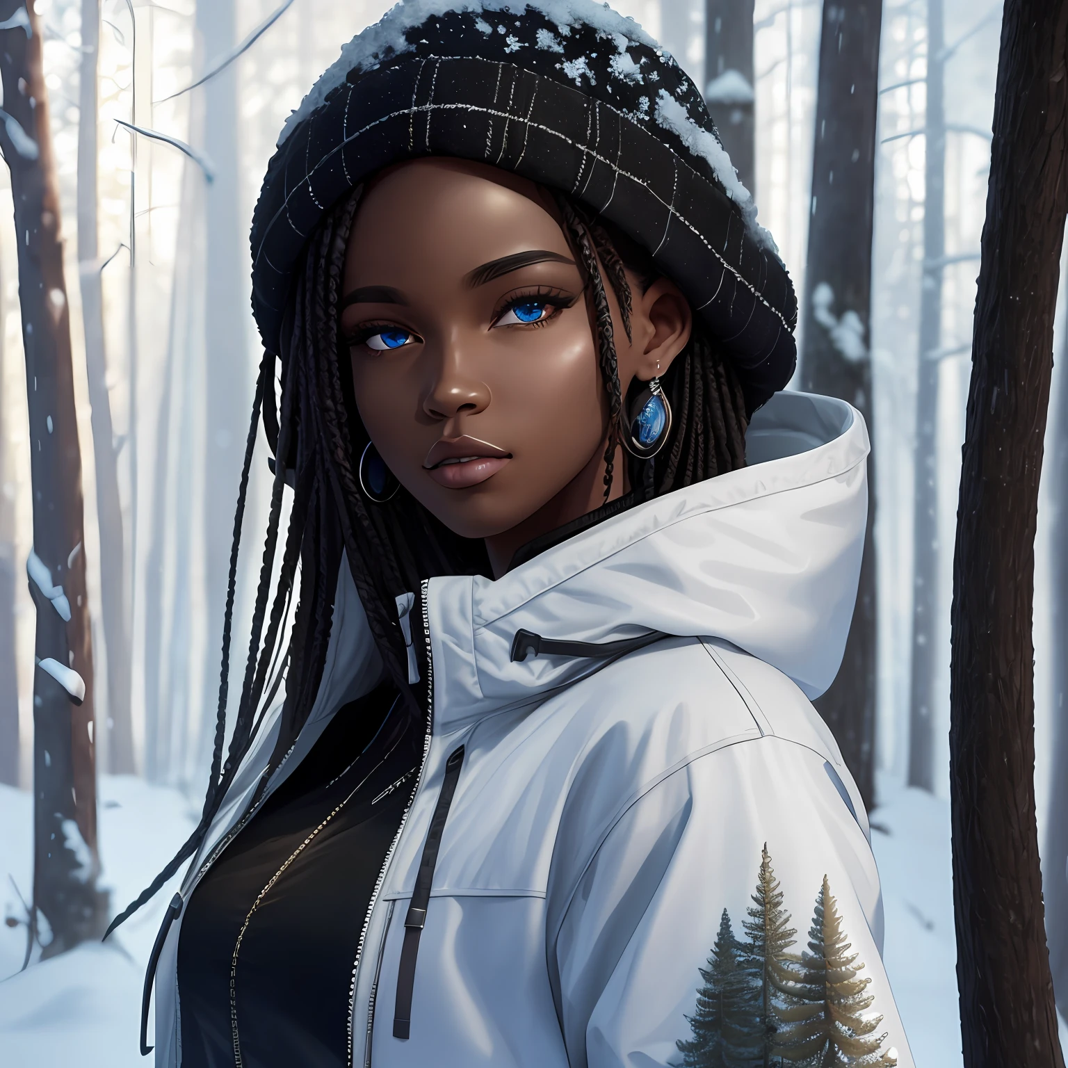 masterpiece, of a beautiful black woman, dressed in street wear at new york fashion week, best quality, high quality, extremely detailed CG unity 8k wallpaper, taiga, silence, towering conifers covered with forest floor, harsh cold climate, serene beauty, snow, winter, mild summer, breeze, needles, branches, bokeh, depth fields, HDR, bloom, chromatic aberration, photorealistic, extremely detailed, popular on artstation, popular on CGsociety, complex, high detail, dramatic, art midway --auto