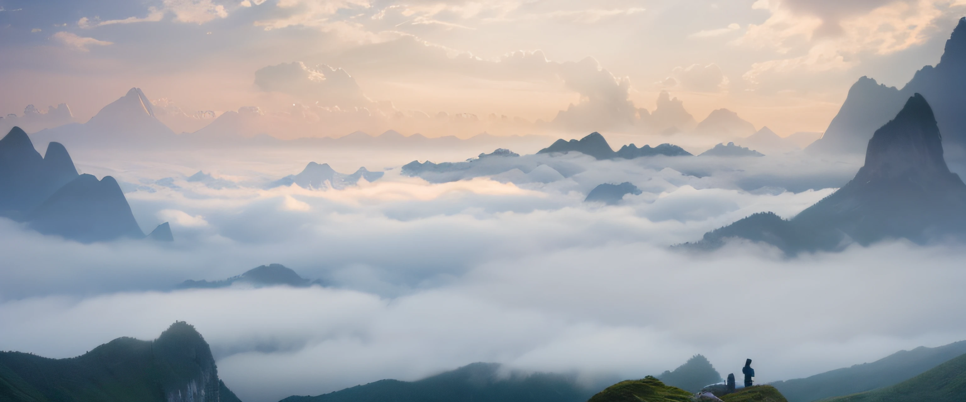 Mountains covered in fog and clouds，A man stands on a bench, mountains in fog background, Misty clouds, Mist, in the early morning, misty mountains, Mountain, view above the clouds, lie on white clouds fairyland, “ aerial view of a mountain, early morning, (Mist), thin fog, Cloud, Above the clouds, rise above clouds, author：Shi Rui