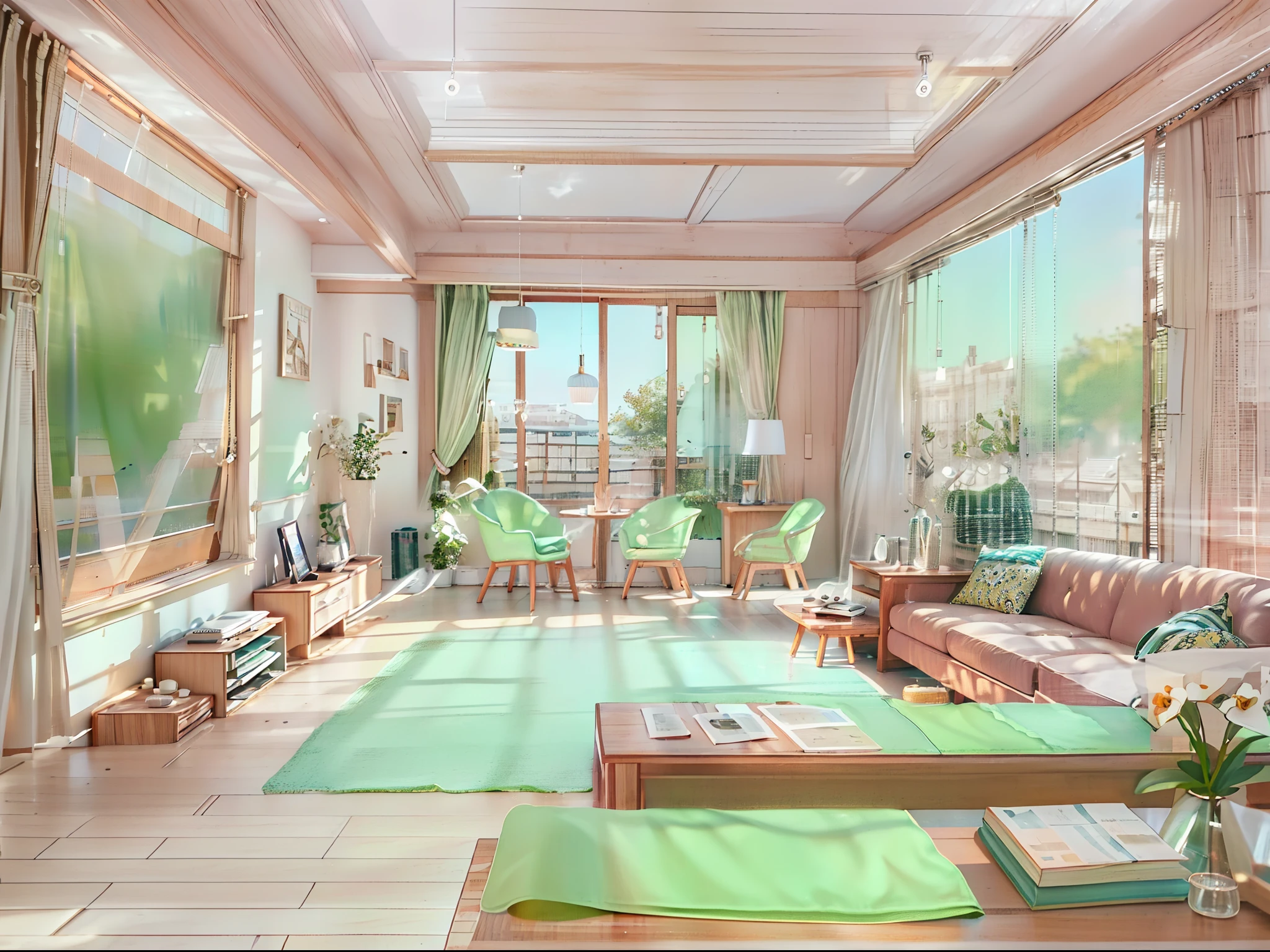 a sketch of a beautiful modern living room, (((foster and partners, artists impression, artistic impression, by Hamish MacDonald, by Carey Morris, by David Brewster, higher detailed illustration, by Helen Berman, an illustration, detailed illustration, by Nick Fudge, by Warren Mahy, artist's impression))), a kitchen cabinet behind the white sofa, with minimal pictures on the wall, linen curtain next to the classroom window, coffee table, modern wood, ceiling with magnetic emissive lighting, white fabric PRB textures, wooden floor PRB texture,