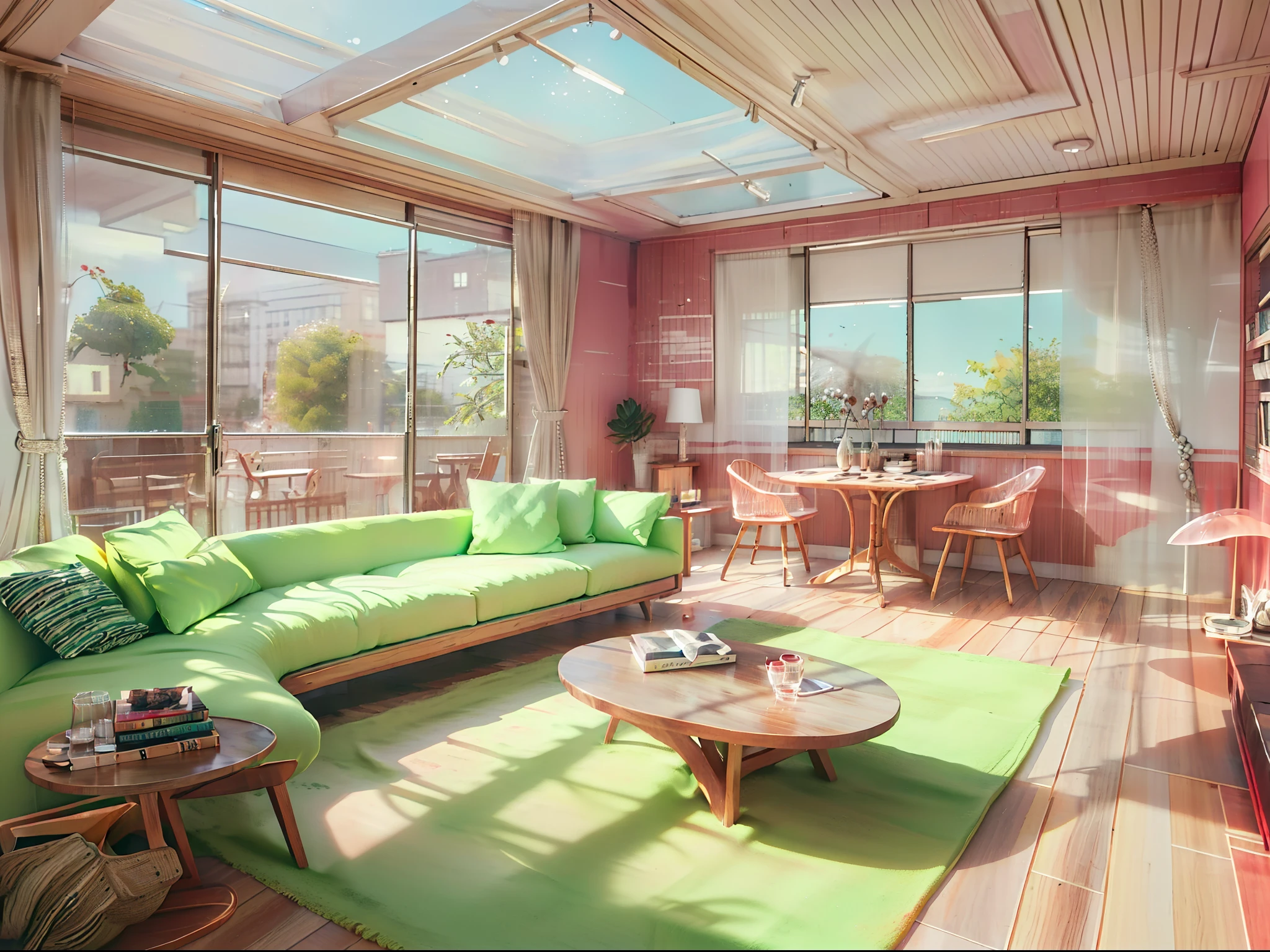 a sketch of a beautiful modern living room, (((foster and partners, artists impression, artistic impression, by Hamish MacDonald, by Carey Morris, by David Brewster, higher detailed illustration, by Helen Berman, an illustration, detailed illustration, by Nick Fudge, by Warren Mahy, artist's impression))), a kitchen cabinet behind the white sofa, with minimal pictures on the wall, linen curtain next to the classroom window, coffee table, modern wood, ceiling with magnetic emissive lighting, white fabric PRB textures, wooden floor PRB texture,