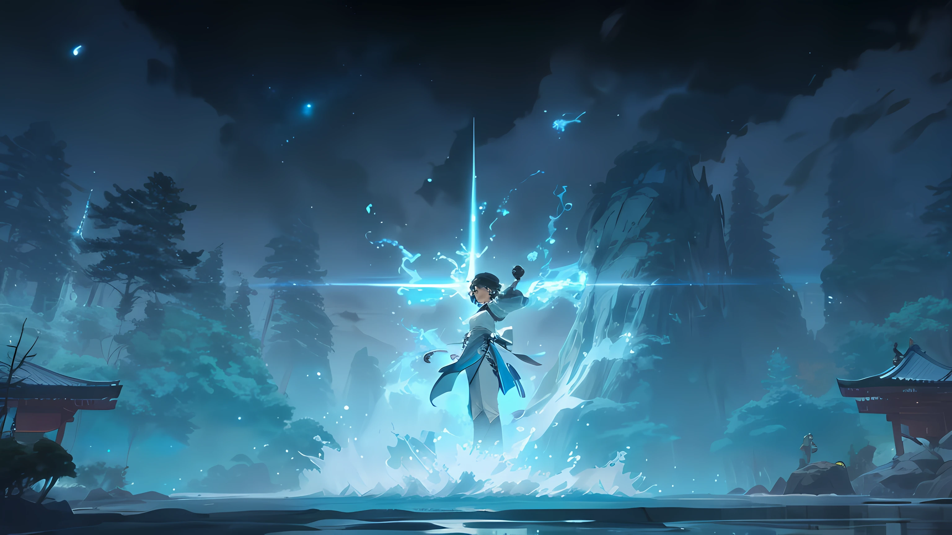 tmasterpiece，1girll，Extra Long Shot，Wear cyan Hanfu，Chinese Traditional Cloth，（（A spear made of water，））Long cyan hair，hair braids，with his back to the viewer，Didn't look at the audience，Fighting posture，，Image of Arafo holding a gun in the water, Genshin impact's character, shattered sky cinematic, stunning vfx, luminous water elemental, ps5 cinematic screen capture, Makoto Shinkai. rendering by octane, this character has cryokinesis, kaladin stormblessed, sword and wand – water, Genshin Impact style