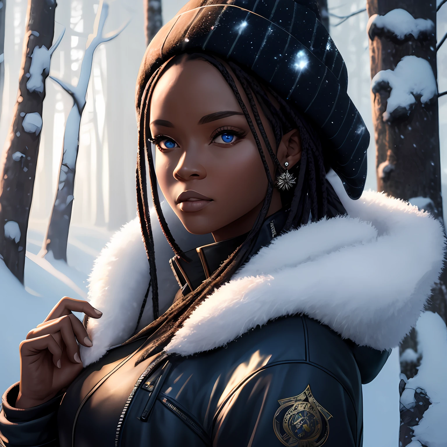 masterpiece, of a beautiful black woman, dressed in street wear at new york fashion week, best quality, high quality, extremely detailed CG unity 8k wallpaper, taiga, silence, towering conifers covered with forest floor, harsh cold climate, serene beauty, snow, winter, mild summer, breeze, needles, branches, bokeh, depth fields, HDR, bloom, chromatic aberration, photorealistic, extremely detailed, popular on artstation, popular on CGsociety, complex, high detail, dramatic, art midway --auto