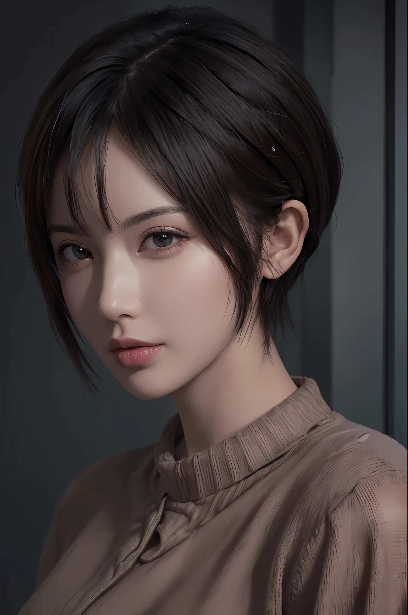 (masterpiece:1.3), (8k, photorealistic, RAW photo, best quality: 1.4), (1girl), beautiful face, (realistic face), (black hair, short hair:1.3), beautiful hairstyle, realistic eyes, beautiful detailed eyes, (realistic skin), beautiful skin, (sweater), absurdres, attractive, ultra high res, ultra realistic, highly detailed, golden ratio