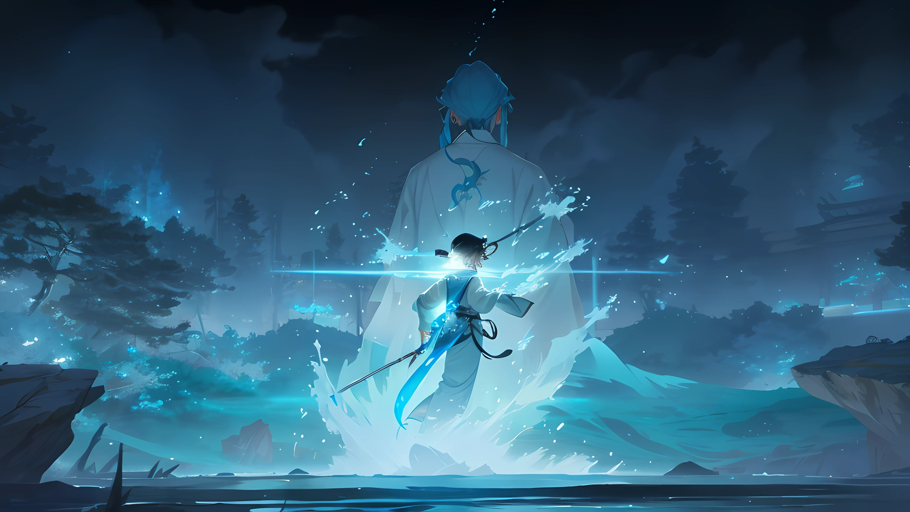 tmasterpiece,1girll,Extra Long Shot,Wear cyan Hanfu,Chinese Traditional Cloth,((A spear made of water,))Long cyan hair,hair braids,with his back to the viewer,Didn't look at the audience,Fighting posture,,Image of Arafo holding a gun in the water, Genshin impact's character, shattered sky cinematic, stunning vfx, luminous water elemental, ps5 cinematic screen capture, Makoto Shinkai. rendering by octane, this character has cryokinesis, kaladin stormblessed, sword and wand – water, Genshin Impact style