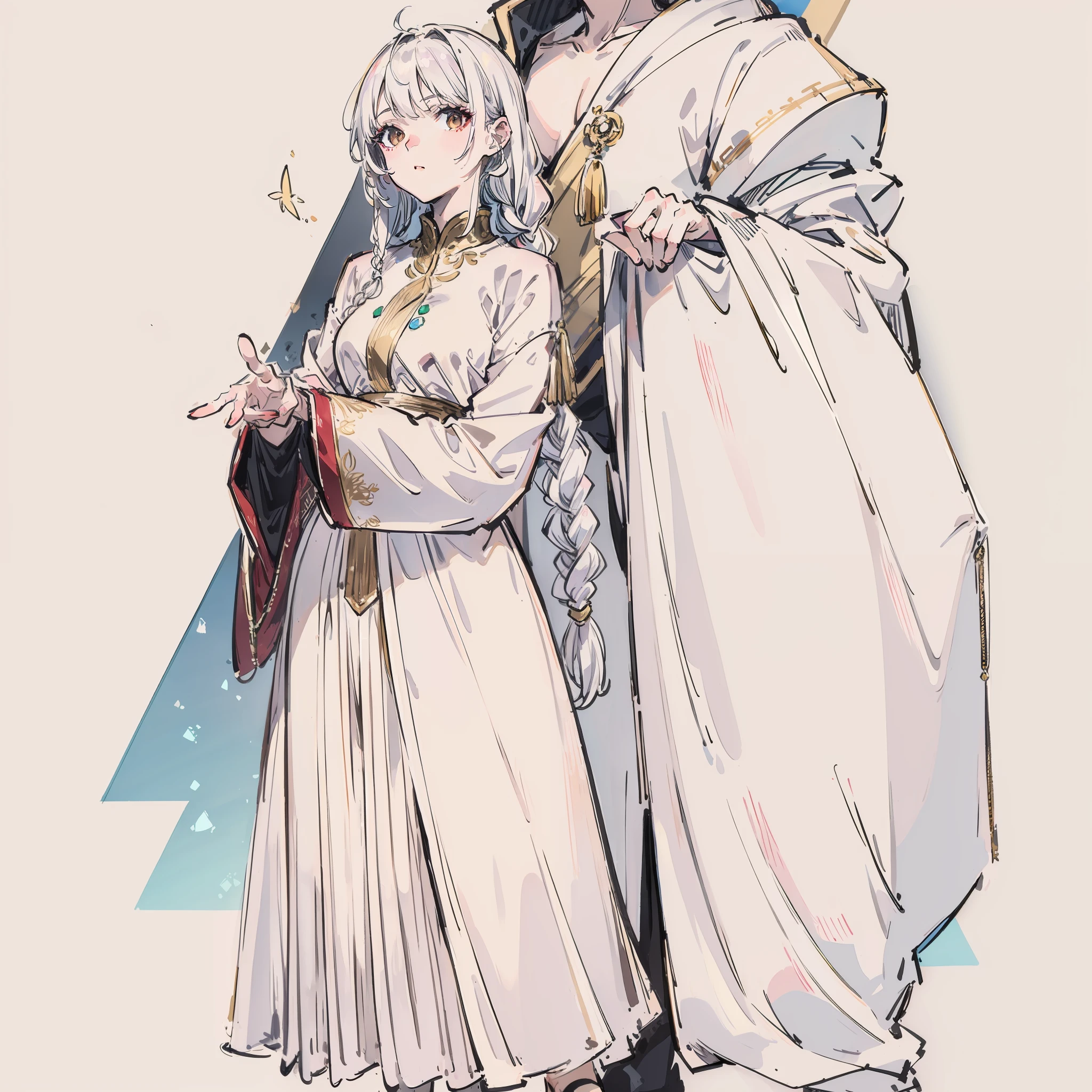 top-quality、masterpiece、white hair、Gold Eye、white clothes、full body Esbian、Hair strands、light skinned、Side braid
