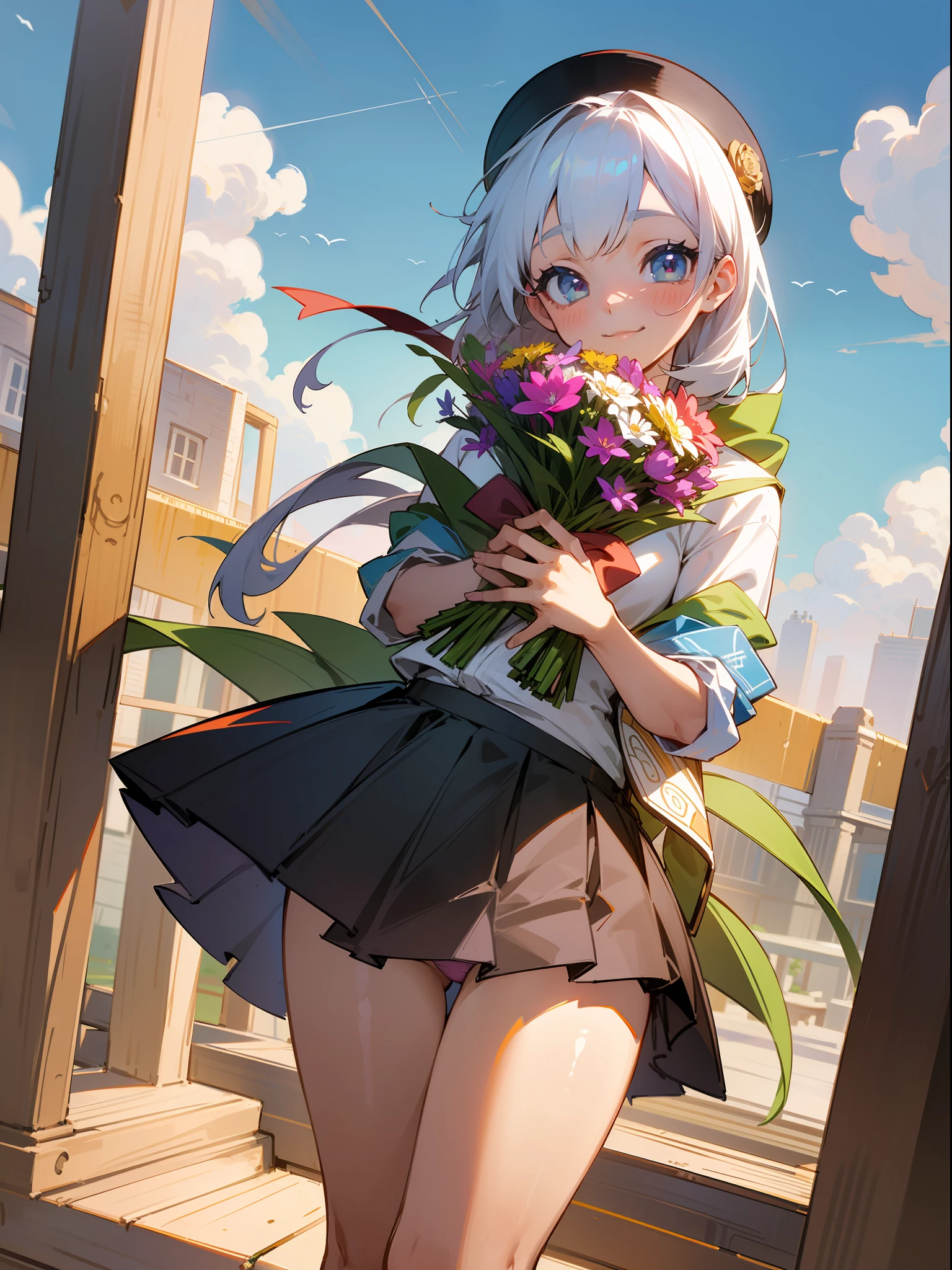 master piece, hyper quality, Hyper Detailed, Perfect drawing,Solo, High School Girl, 校服, a miniskirt,(((Holding a large bouquet wrapped and bundled with ribbons))), butt sticks out, Big round buttocks, Standing figure, ((Panties are slightly visible)), Tanned skin: (1.2), Cute smile, Cheeky smile, Sunburn scars: (1.5), Buggy socks, Shooting from diagonally below, Beautiful background, meticulous drawing, Accurate drawing.