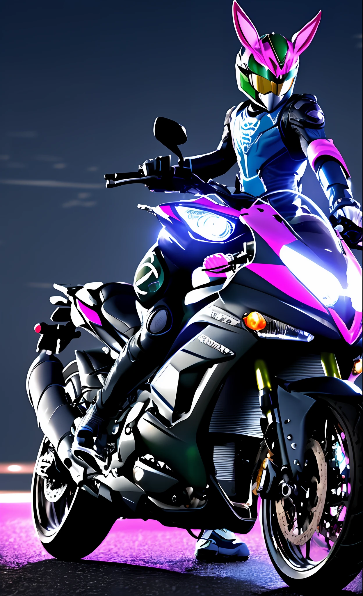 A highly detailed「Kamen Rider in the shape of a rabbit」3D rendering of a|cyborgs]Pink cybernetics and pink armor、nffsw、8K、Sub-surface scattering、Specular Light、Hi-Res、octane renderings、Ray traching、Pink rabbit ears、Mobilesuit、riding on motorcycle