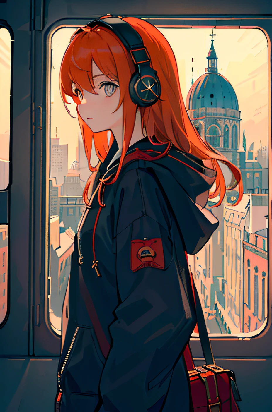 (masterpiece, side light, super detailed, fine detail beautiful eyes: 1.2, comic storyboard, one story, comic storyboard), 1 girl, bag, architecture, from side, headphones, hood, hooded down, hoodie, jacket, long hair, orange hair, silhouette, red hair, solo, train, train interior, upper body, masterpiece, best quality