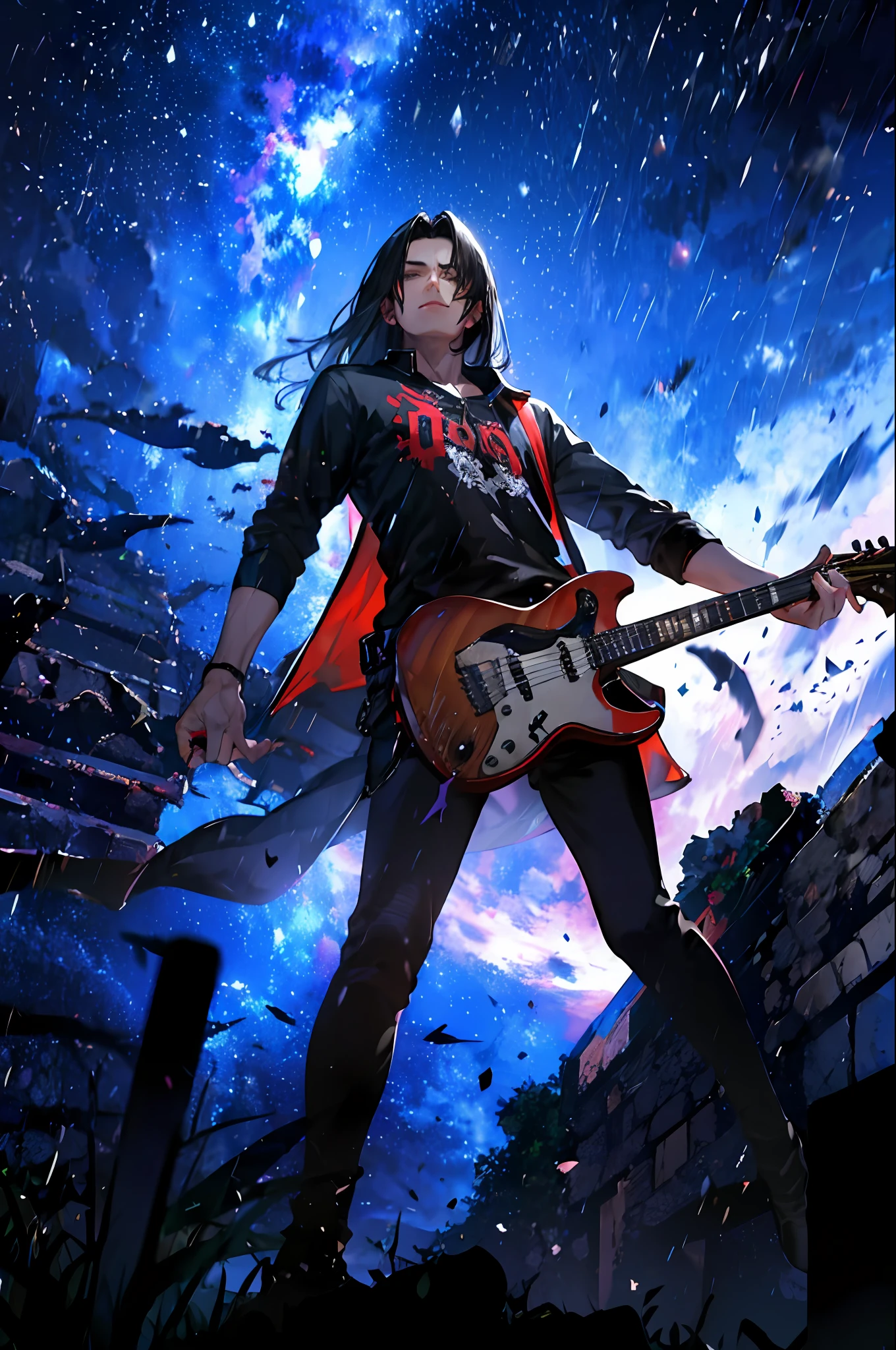 1garoto, idade noturna,chuva,casaco,segurando uma guitarra de heavy metal