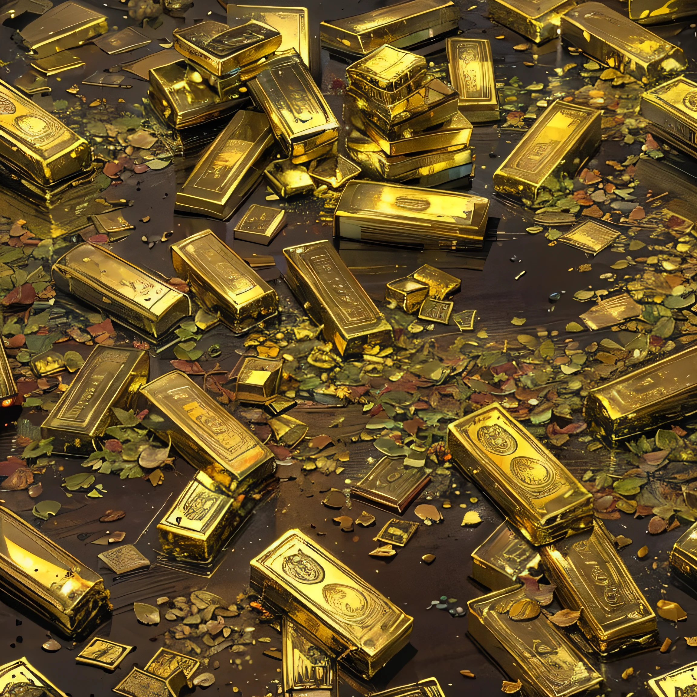 a pile of bar gold on the ground, dark plain background