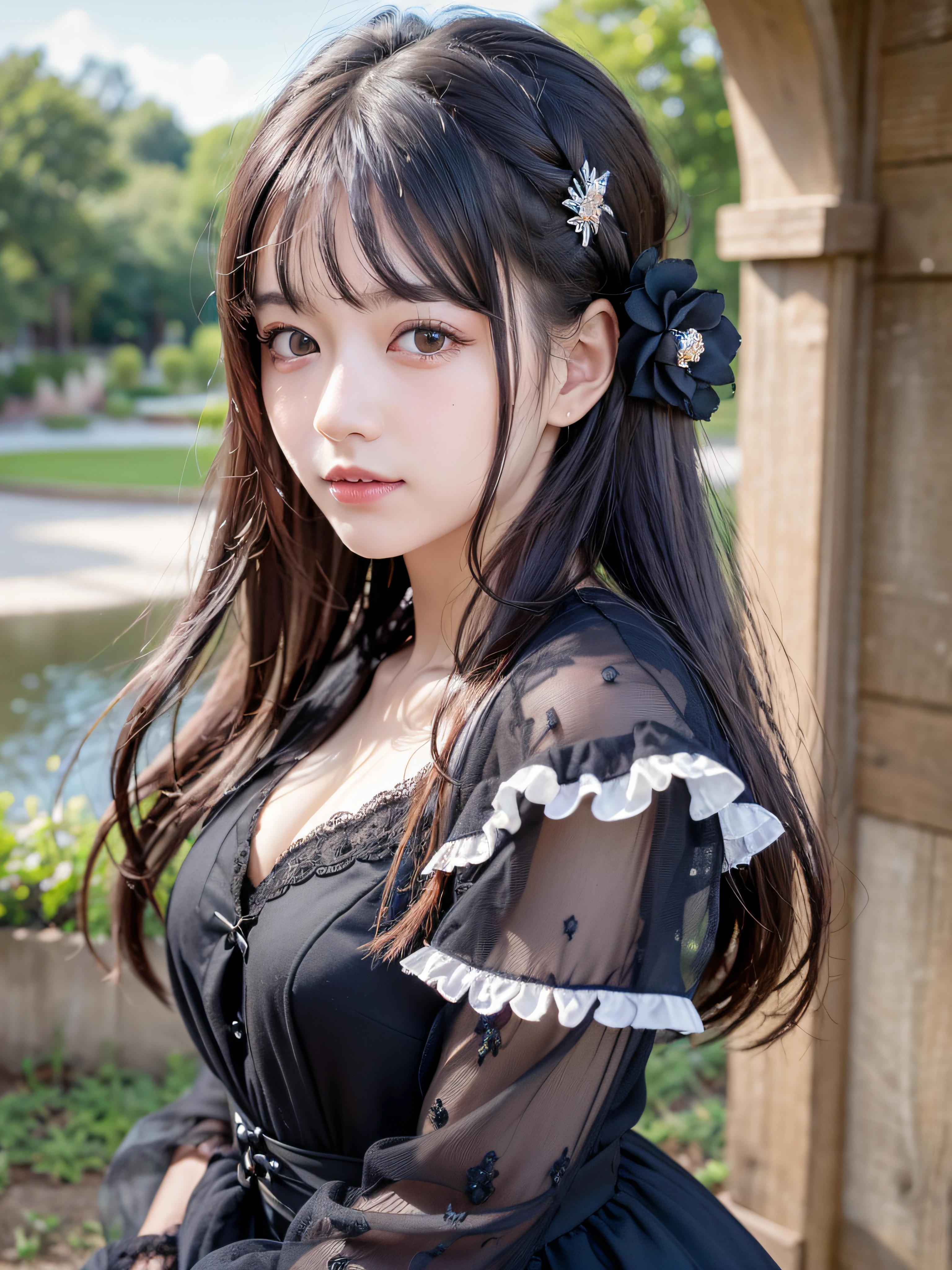(realistic, photo realistic:1.37), incredibly absurdres, (insanely detailed:1.3), 8k, (masterpiece), (best quality:1.4), (ultra high res:1.2), (unity 8k wallpaper), 1 nogizaka girl, utterly cute, (bishojo:1.35), (15yo:1.4), ((alice and the pirates fashion)), detailed beautiful dress, hair accessory with blue rose, exquisitely detailed beautiful face and eyes and skin, detailed black shine hair, full body, perfect anatomy, smile at the camera, professional lighting, petit trianon garden and farmhouse, view a village and lake, ultra detailed background