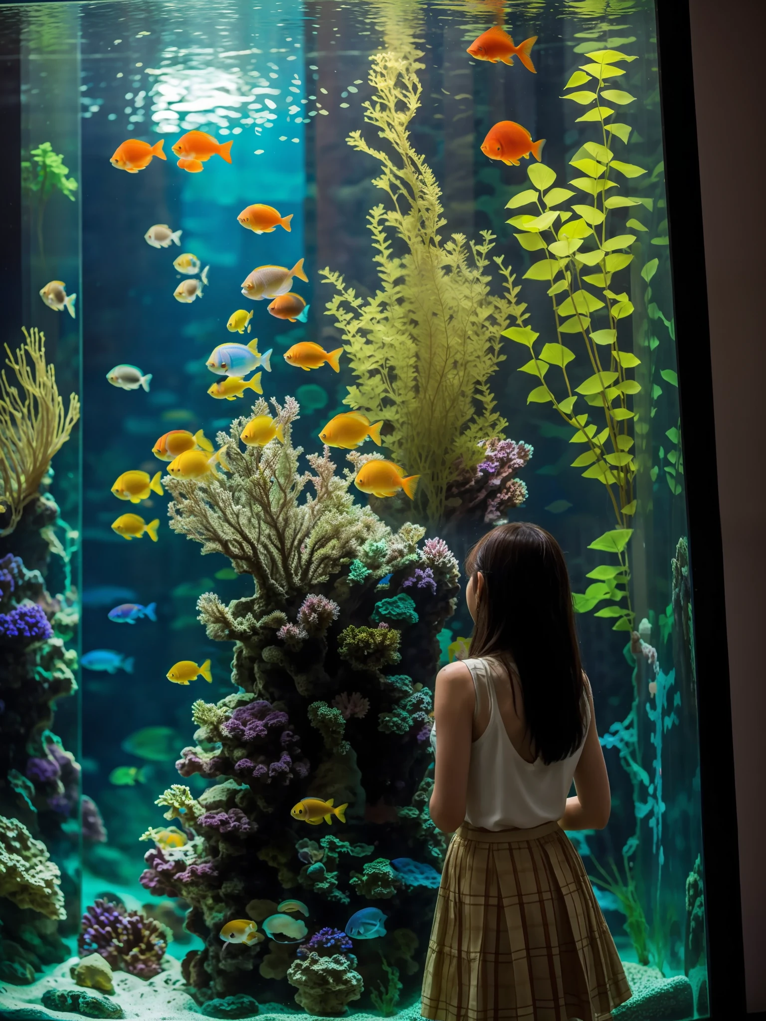 there is a woman standing in front of a fish tank, aquarium, big aquarium, standing under the sea, you see fishes, aquarium life, fishes floating in bedroom, unsplash contest winning photo, see fishes swimming, taken in 2 0 2 0, school of fishes, fish tank, okinawa churaumi aquarium, photo of a beautiful, underwater photo, beautiful!!!! museum photo, arms crossed in front.