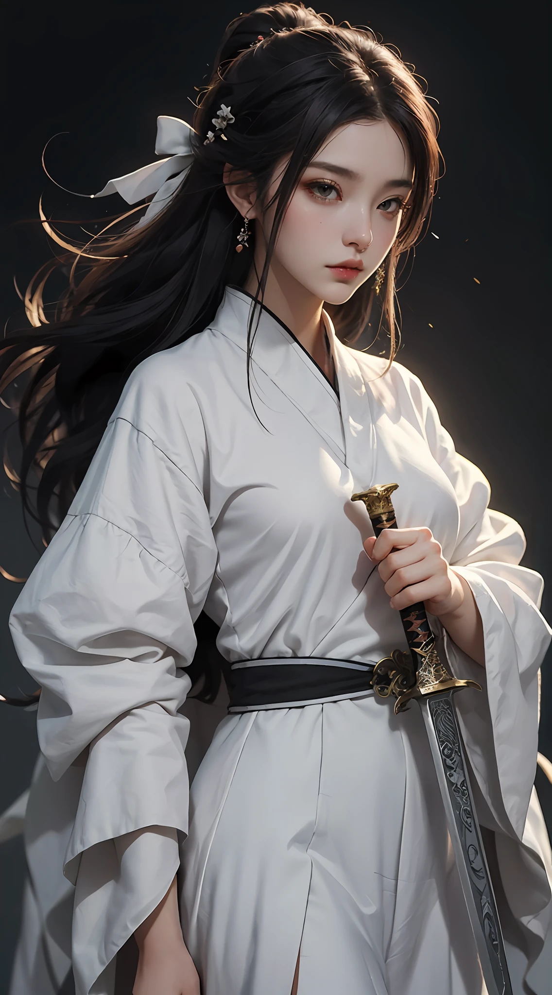 a close up of a woman with a sword in a white dress, a character portrait by Yang J, trending on cgsociety, fantasy art, beautiful character painting, artwork in the style of guweiz, guweiz, white hanfu, flowing white robes, full body wuxia, epic exquisite character art, stunning character art, beautiful female assassin --auto