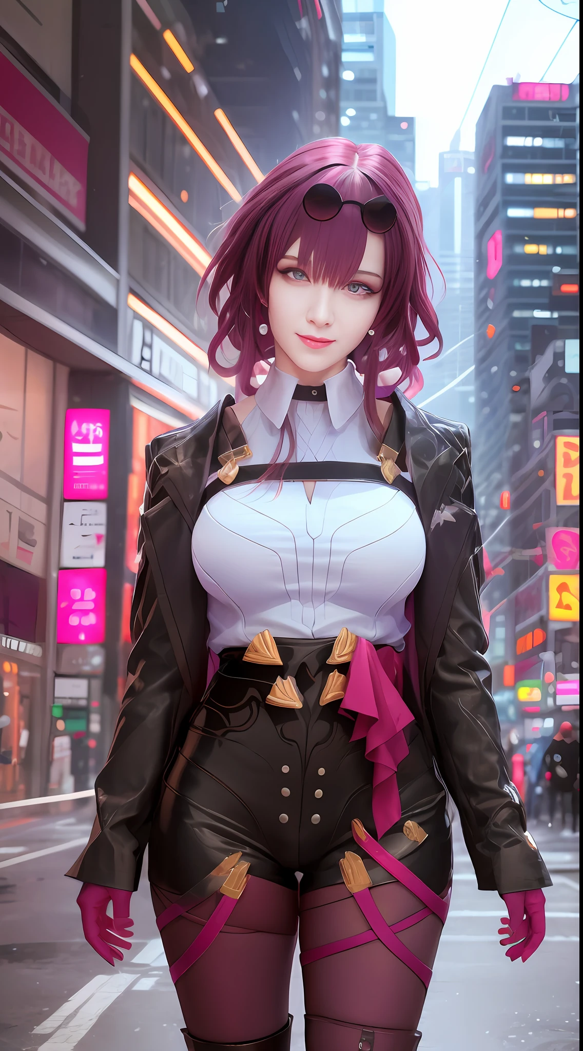 masterpiece, best quality, purple hair, (purple eyes:1.2), light, realistic, photo, science_fiction, huge_filesize, in the cyberpunk city, steam, masterpiece,best quality,official art, extremely detailed CG unity 8k wallpaper, girl, solo, bishoujo, incredibly_absurdres, big breasts, full body, spooky laugh