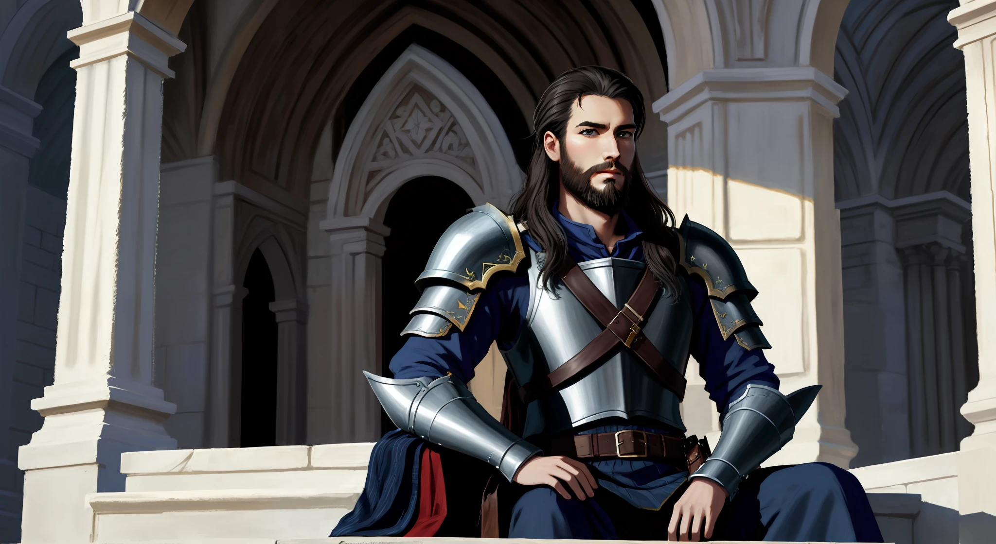 Realistic and high quality epic art,mtu,Sparse beard,armor,mages,full bodyesbian,Western European architecture,arma