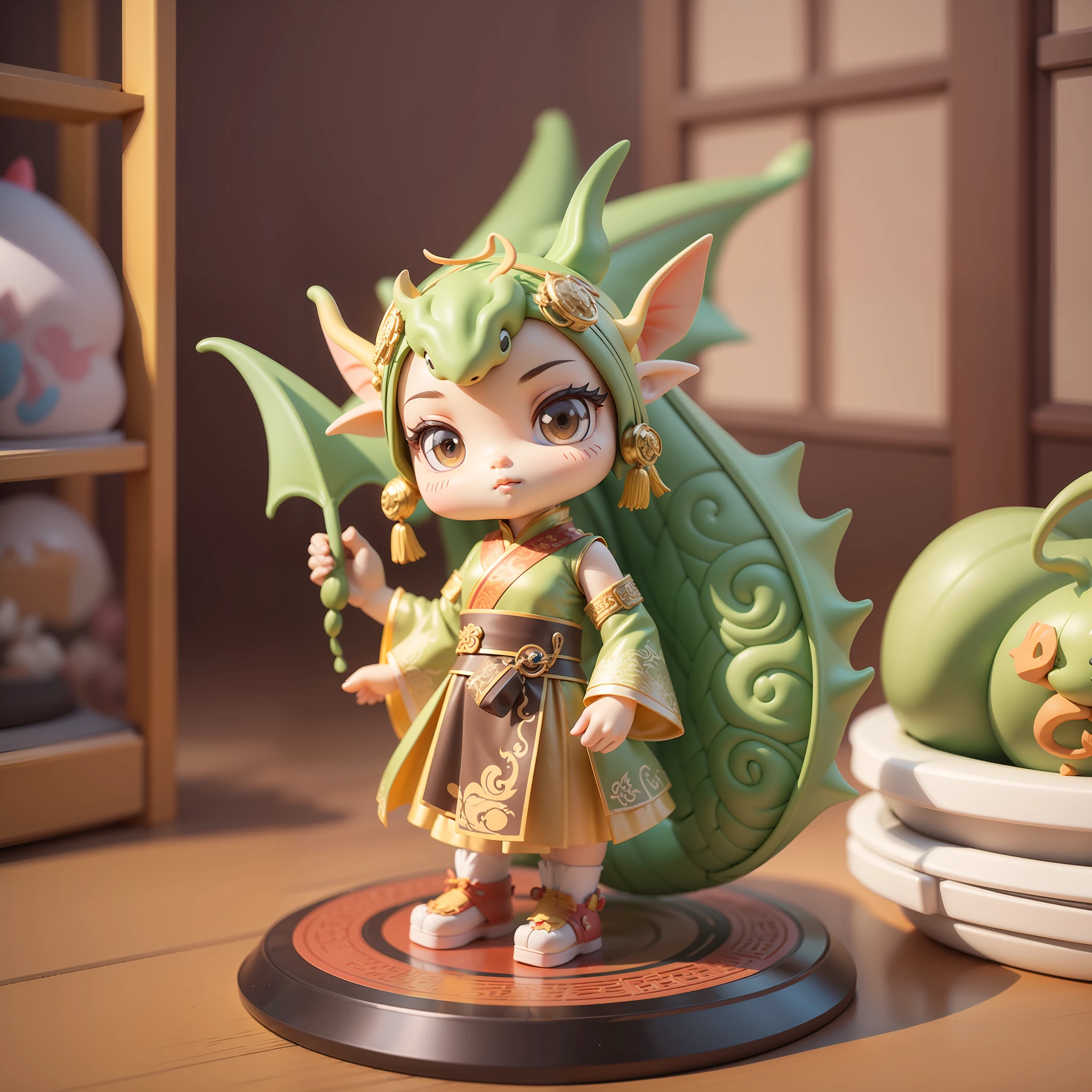 Surrounded by elements of the birthday dragon, teenager in traditional Chinese costume, cute 3D rendering, vinyl toy figurine 3D rendering stylized dragon