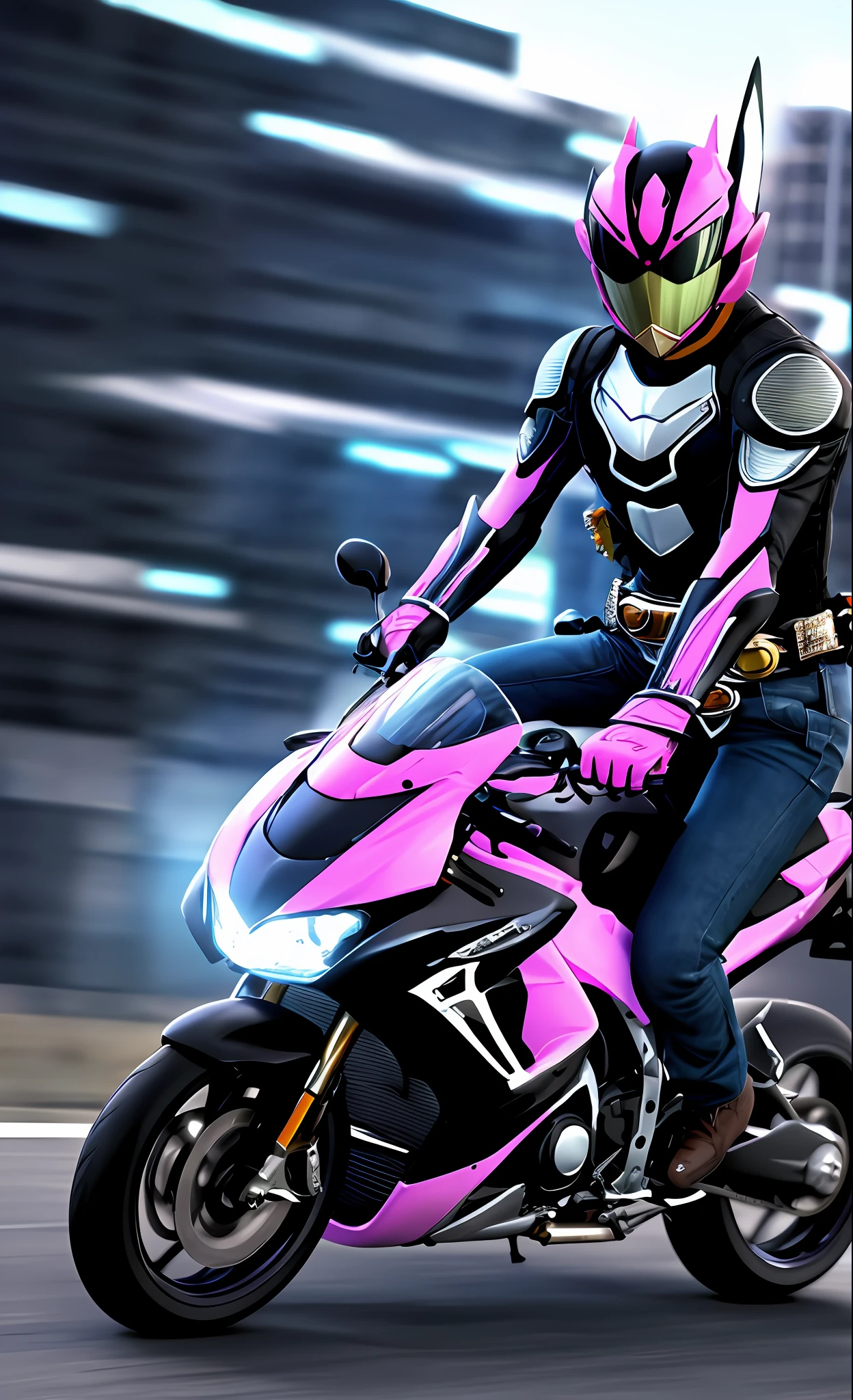 A highly detailed「Kamen Rider in the shape of a rabbit」3D rendering of a|cyborgs]Pink cybernetics and pink armor、nffsw、8K、Sub-surface scattering、Specular Light、Hi-Res、octane renderings、Ray traching、Pink rabbit ears、Mobilesuit、riding on motorcycle
