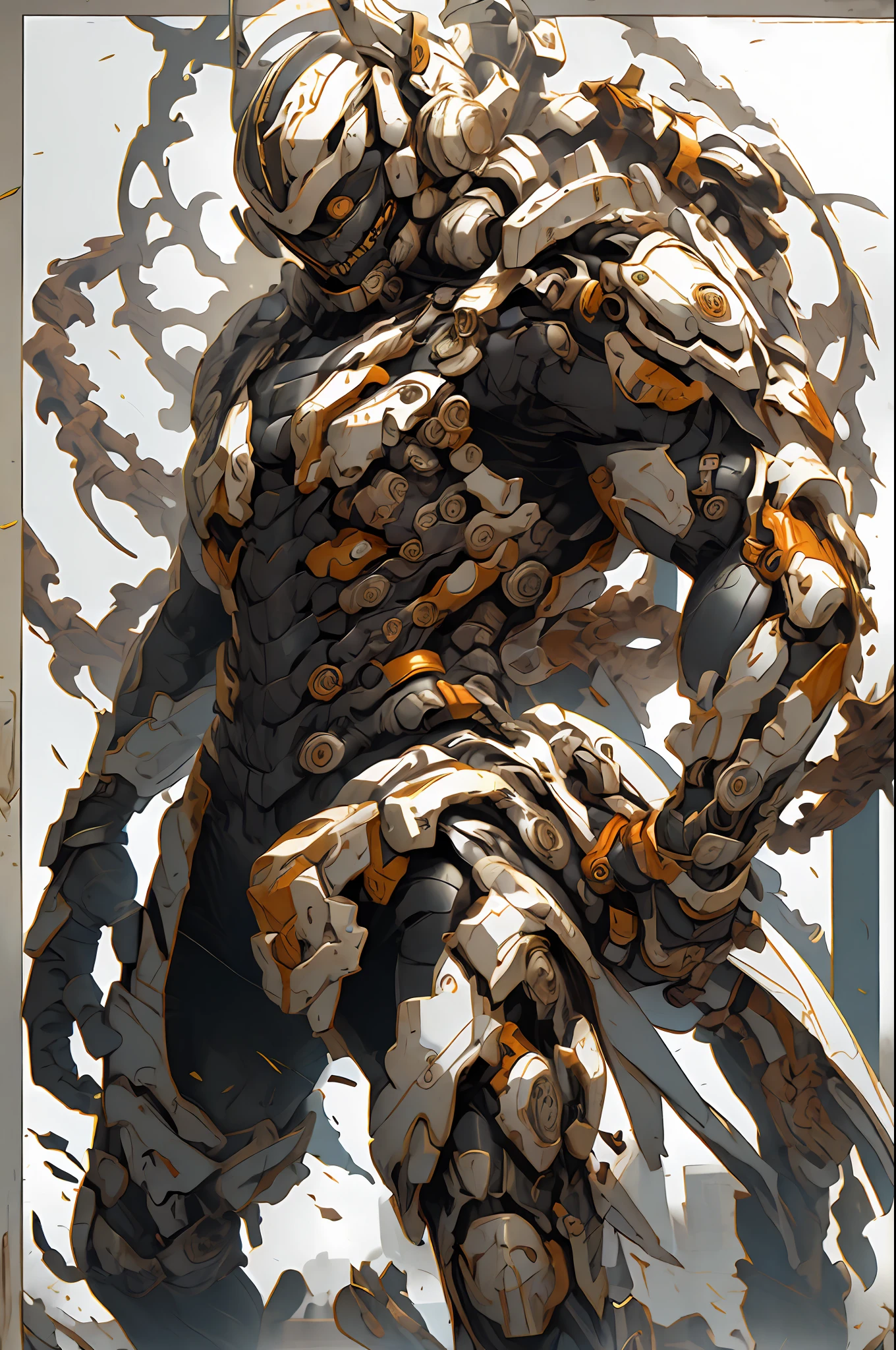 8k, anime, portrait, best quality, ultra high res, ultra detailed, high contrast color tone, extremely detailed lighting, cinematic lighting, soft lights, (masterpiece, high quality:1.4), (kaneki ken, white hair, red and black eye, mask | fangs, sharinggan eyes, white mecha exoskeleton armor , with red scarf, scorpio tentacles), blood, ((full body)), (dynamic pose), orange background, thrilling, (fierce face) dynamic jump pose, holding a mechanical chainsaw