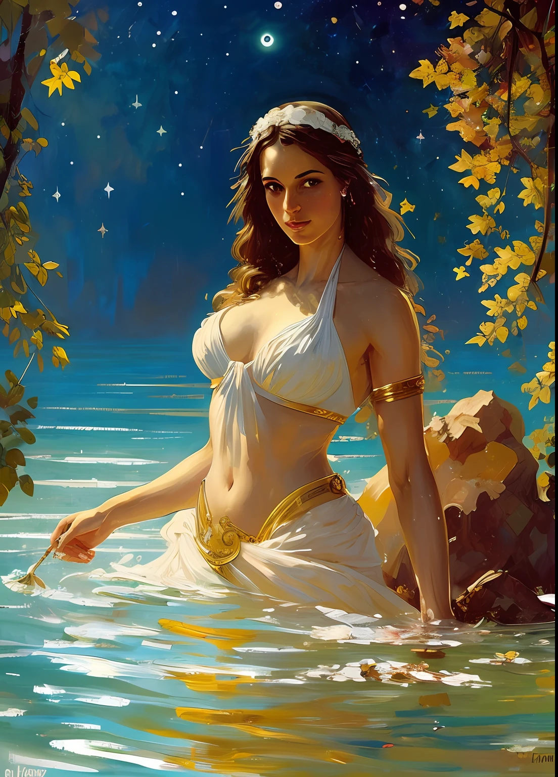 master part, best quality, Greek godess bathing in a lake below a night sky full of stars, appearing from paint to colored liquid oil, swirling ink, Cinematic lighting, Directed by: Karol Bak, Pose de corpo inteiro, ÂngelaBaby, ((Pintura, lona, Belas Artes)), circunstanciado, (arte de fantasia), Fresco, ((arte digital)), (digital illustation), 4k, trending on ArtStation, trending in cgsociety, cinemactic, Agfacolor, low coloration, Norman Rockwell, Franz Xaver Winterhalter, Jeremy Mann, Artgerm, Ilya Kuvshinov, Anjos Cecile, Michael Garmash