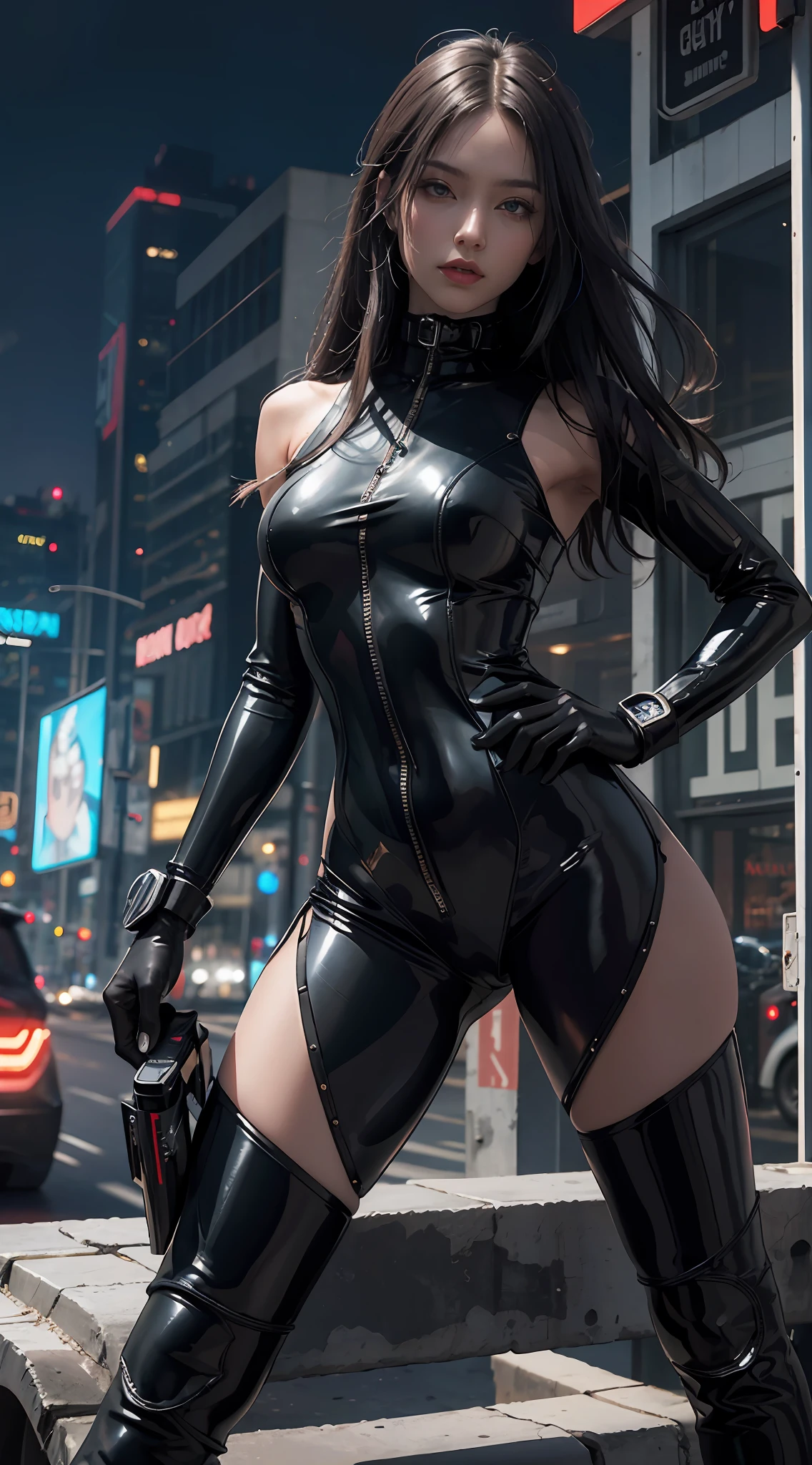 solo, super fine photo, portrait Unreal Engine 5 8K UHD of beautiful girl in a skin tight black latex outfit with blue neon light details, slick black catsuit, black iconic character, smooth black skin, black body, PVC, some black, glossy latex suit, rubber suit, rubber belts, collar, rubber glove, rubber high boots, arm and leg cuffs, straps, cyberpunk world, best quality, masterpiece, official art, unified 8k wallpaper, super detailed, sharp focus, dynamic pose, body parts, no extra limbs, precisely anatomy,cyberpunk backgrouns