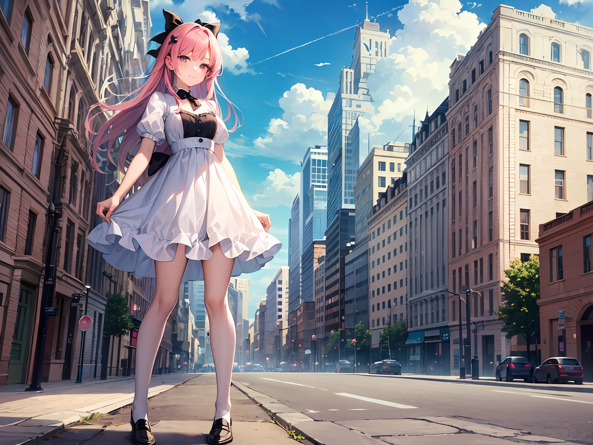 "{{{{Masterpiece}}}}, {{{ultra - detailed}}}, {{{A high resolution}}}, {{Good anatomy}}, (((Best quality))), ((An extremely delicate and beautiful)), {{an extremely detailed and delicate}}, {8k CG wallpaper},{illustration},
1girll,Holding a violin,with pink hair,Hair Bow,Loafer shoes,Smug,Cloud,Blue sky,full body