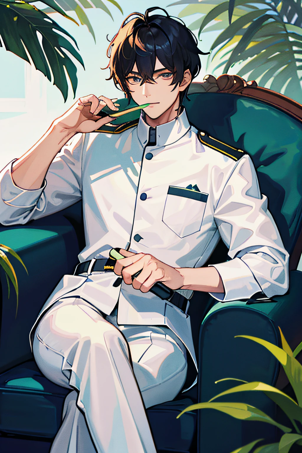 A man in a security guard uniform sitting on a armchair, fanning himself with a palm-leaf fan, humming a tune, looking relaxed, by Manhwa