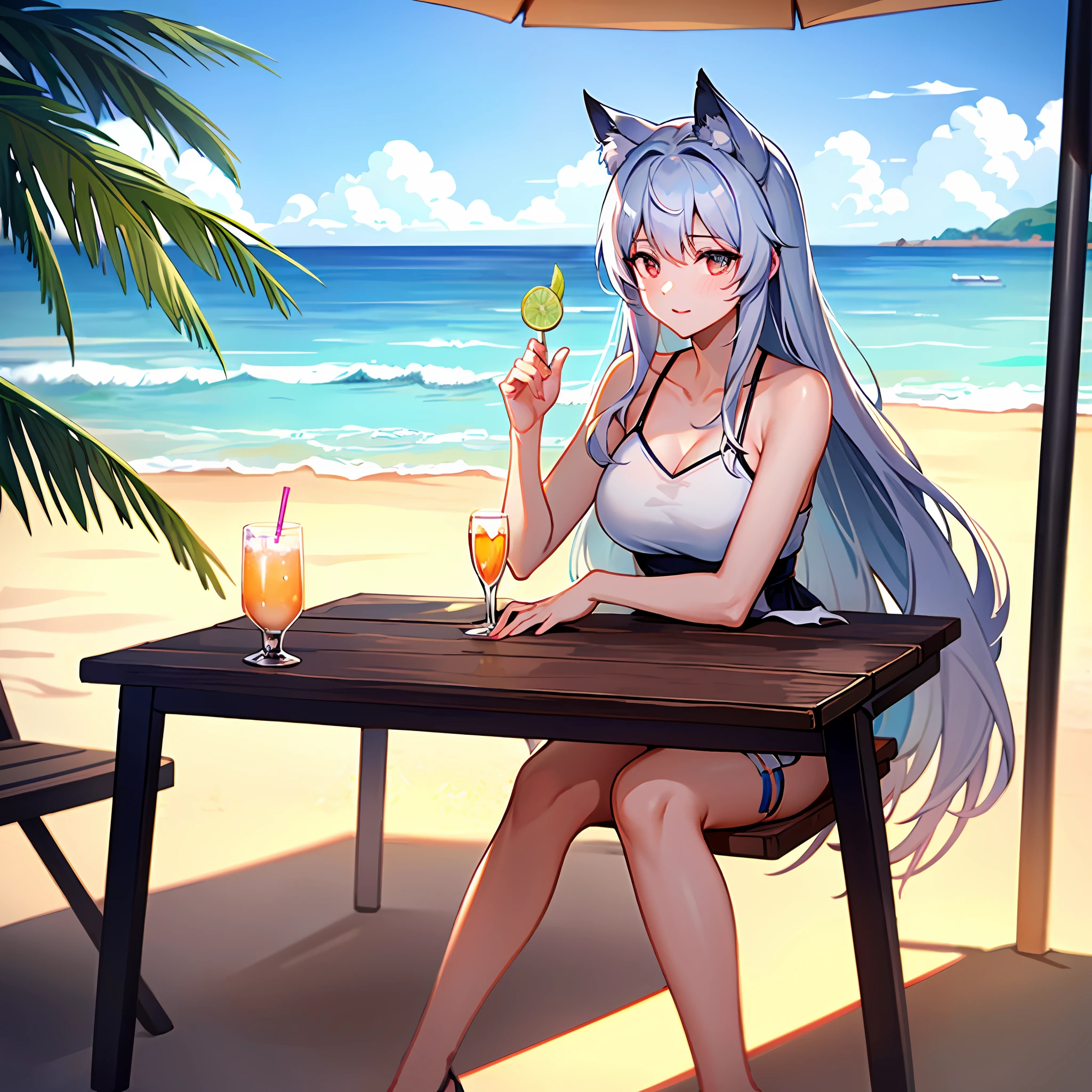 Anime cat sitting on table drinking drinks, relaxing on the beach, relaxing at the beach, anime visual of a cute cat, relaxing on the beach, relaxing on the beach, in beach, trending on artstation pixiv, White-haired fox, On a sunny beach, From Arknights, Relaxing concept art, on the beach