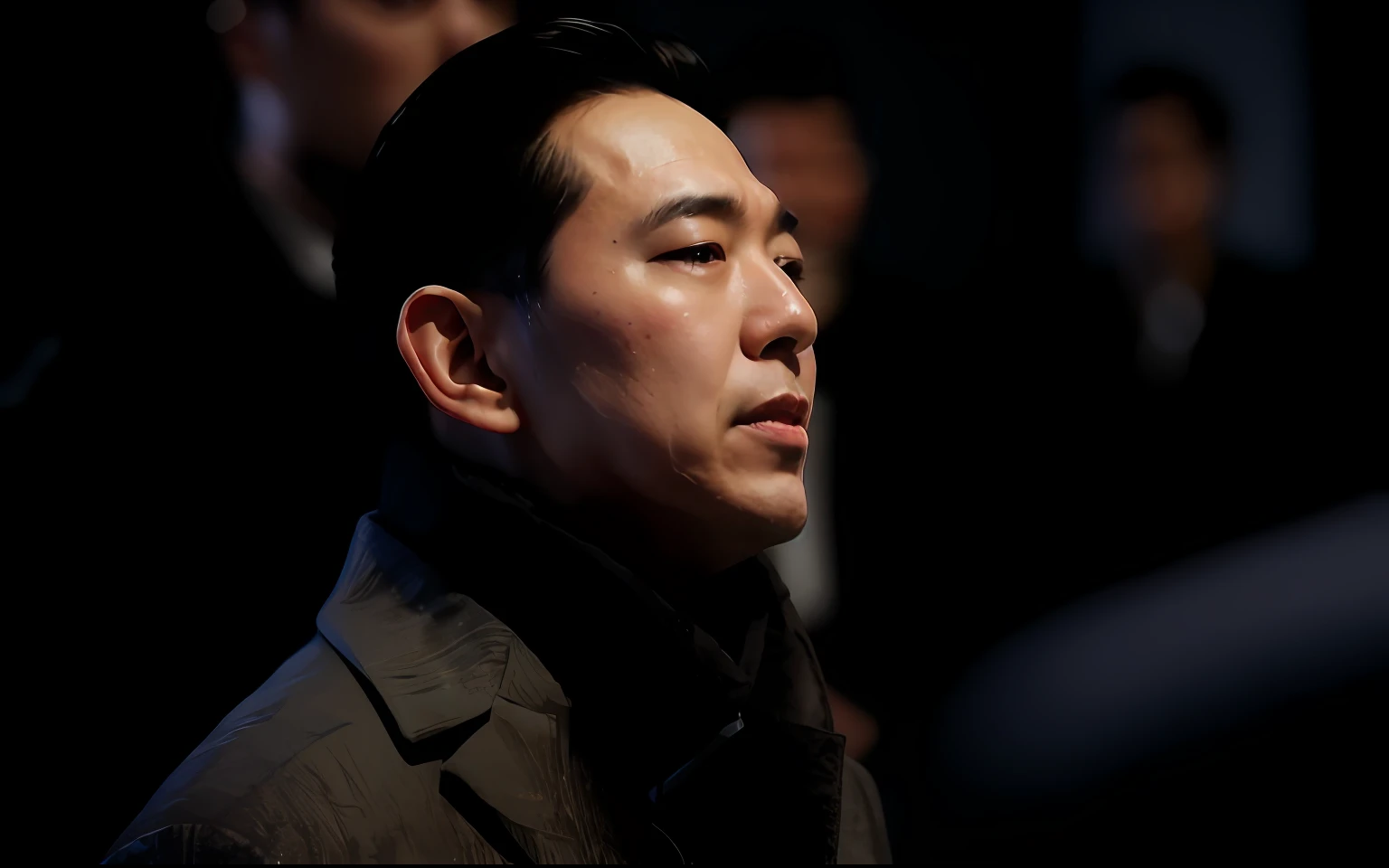 There was a man in a suit and tie looking away, ji-min, 张艺谋 in the mood of, korean artist, Lu Ji, mansik yang, inspired by Li Tiefu, like andy lau, sangsoo jeong, john park, song nan li, hyung-tae kim, hyung - tae kim, In profile, Kwak Ji-young, choi