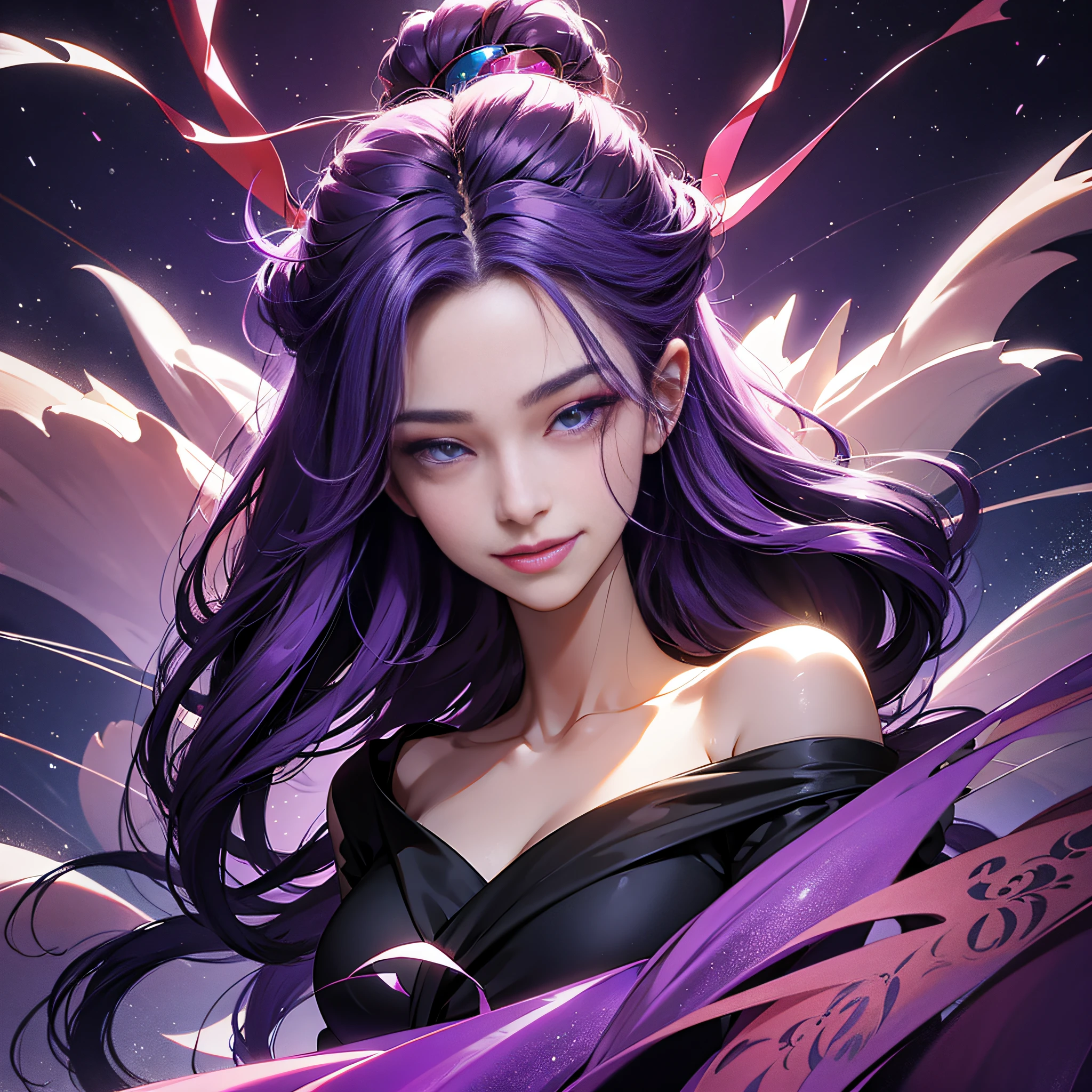 Spider Lady, purple hair, long hair, kanzashi, light smile, star-shaped pupils, anime, cinematic lighting, UHD, award winning --auto