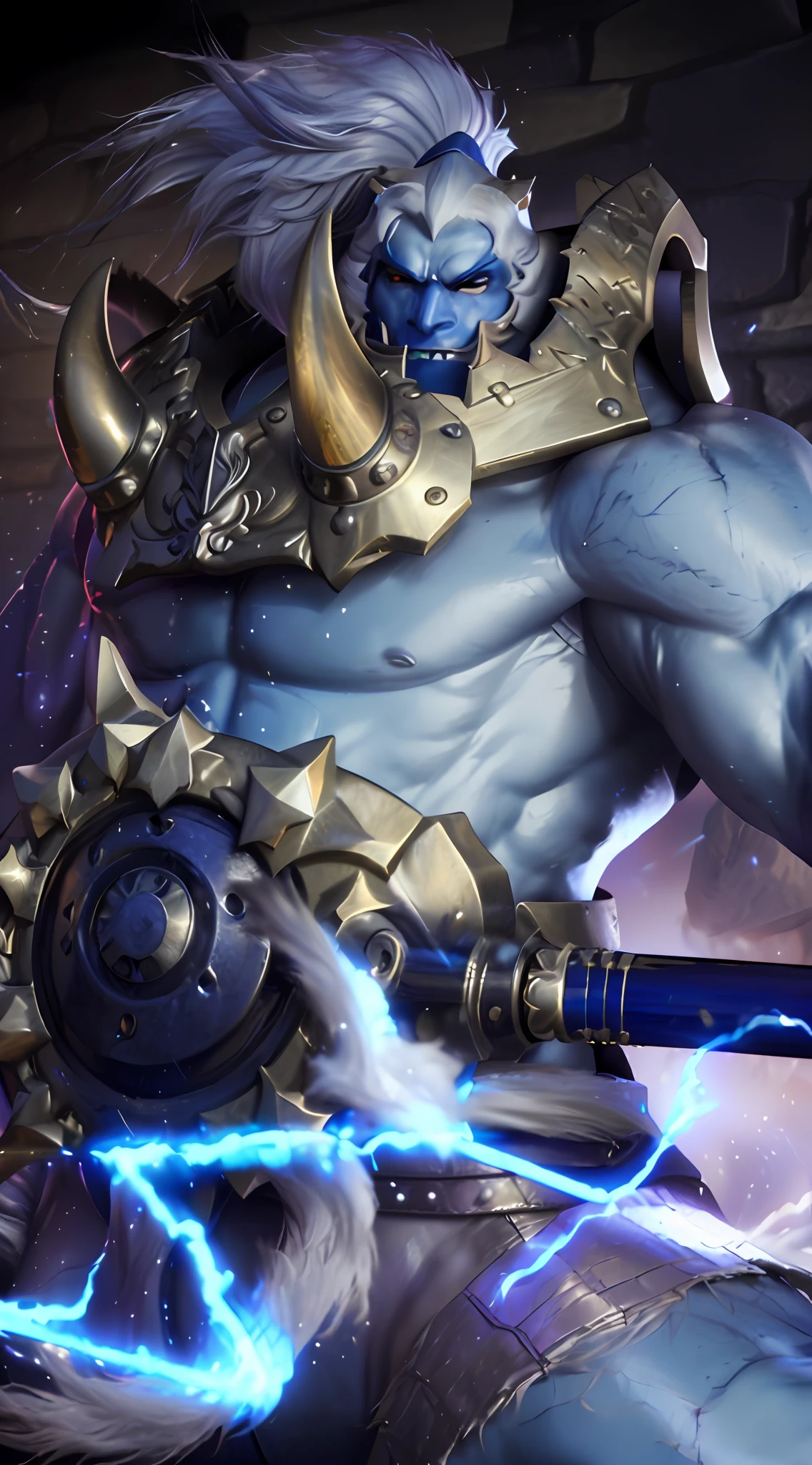 ((Best Quality, 4K, Masterpiece: 1.3)), a close up of a man with a axe and a helmet on, nasus, heise jinyao, raziel irl, inspired by Yue Minjun, Silver hair, Ponytail hairstyle, Ponytail, vampir man with fang, 4K, HD, Ultra Realistic, extremely detailed, Hyper Realistic