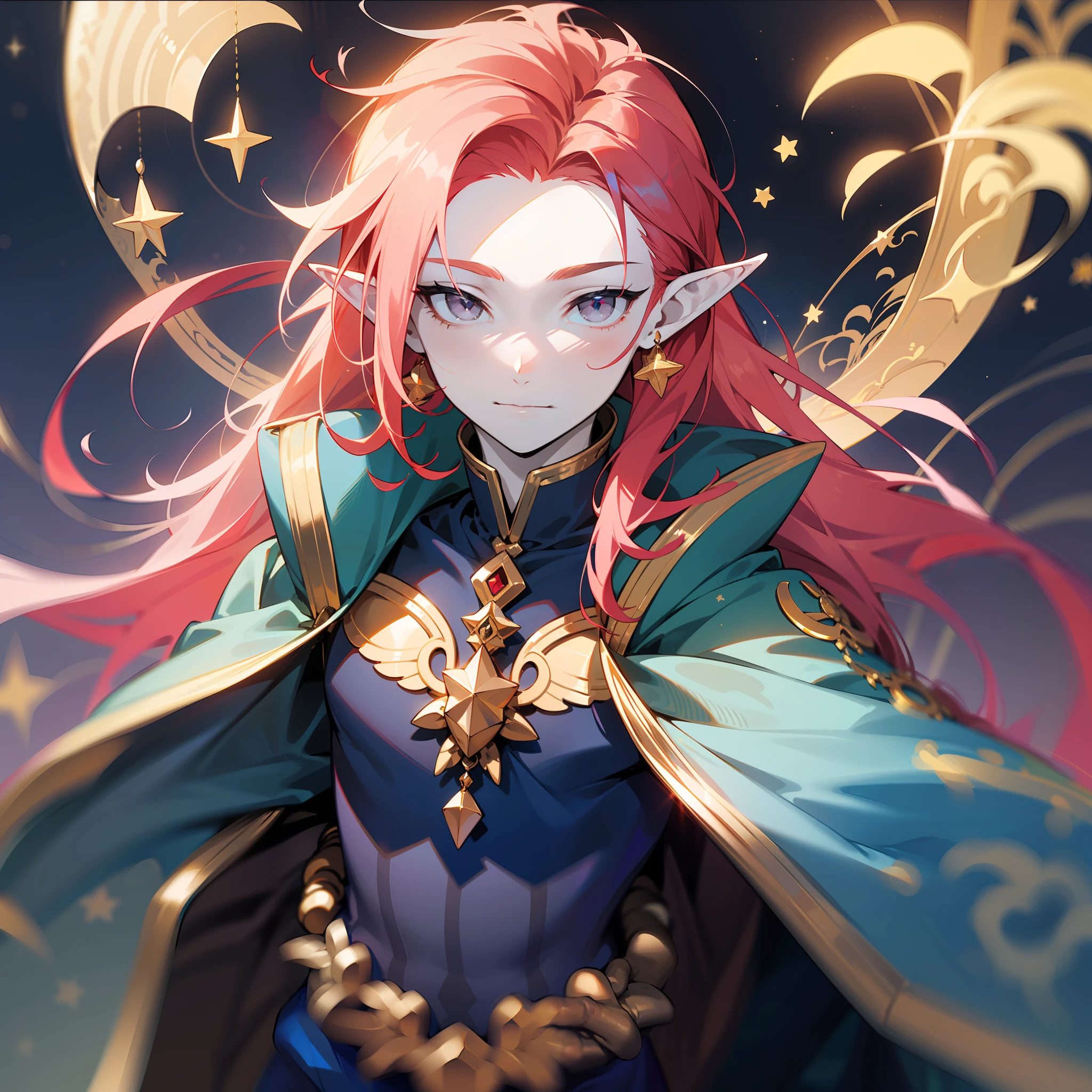 young man, (((male))), (((man))), (((one person))), single, solo, (((very pale skin))), ((pale skin)), (((red hair))), (((grey colored eyes))), long hair, slim figure, ((flat chest)), ((wearing fantasy clothes)), ((fantasy style)), ((dark blue clothes)), ((golden details)), ((fantasy patterns on clothes)), (((magical patterns on clothes))), ((wearing gold accessories in his hair)), ((pointy ears)), (((grey eyes))), smooth skin, stars decoration, sun moon decoration, magic