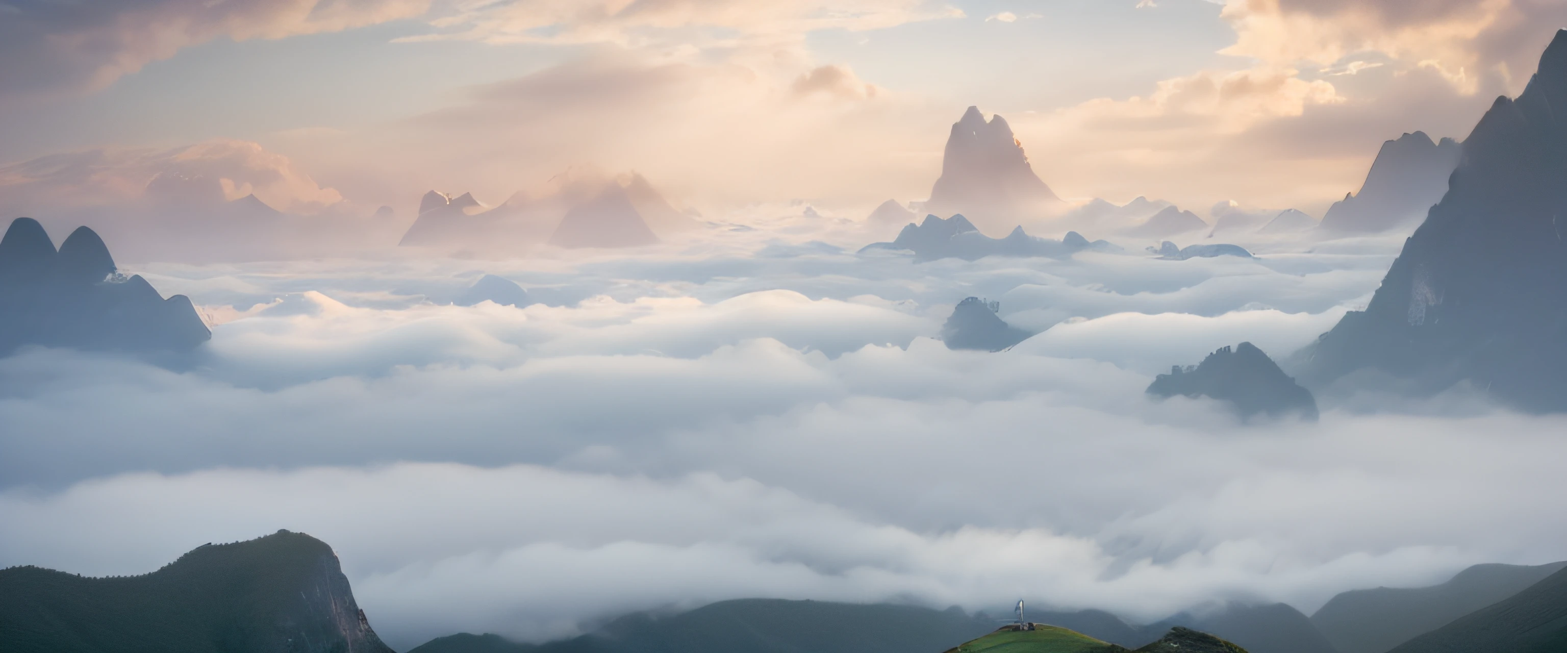 Mountains covered in fog and clouds,A man stands on a bench, mountains in fog background, Misty clouds, Mist, in the early morning, misty mountains, Mountain, view above the clouds, lie on white clouds fairyland, “ aerial view of a mountain, early morning, (Mist), thin fog, Cloud, Above the clouds, rise above clouds, author:Shi Rui
