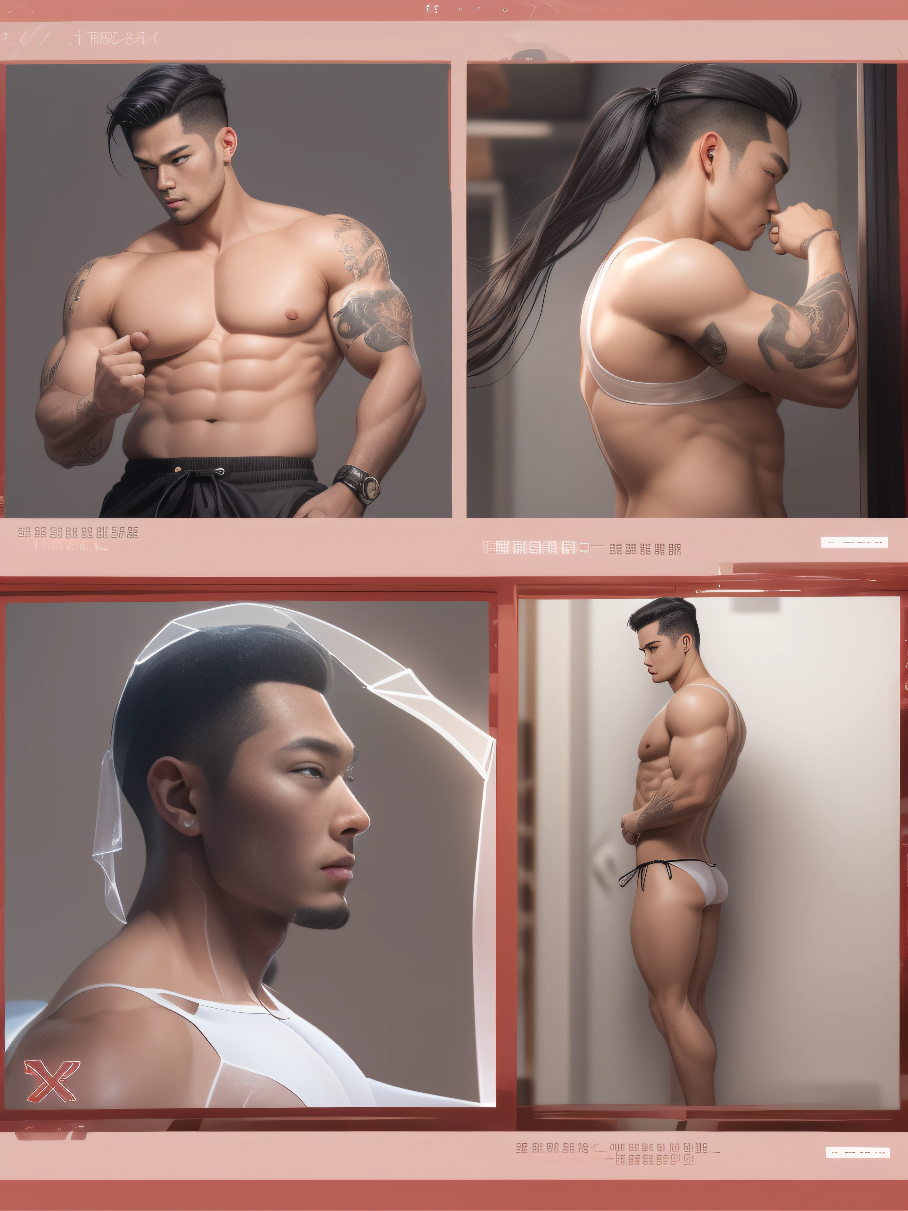 A muscular man,(((((The man was not wearing a shirt,Only a pair of transparent white thongs was worn。The structural shape of the internal glans and testicles is revealed,whole body display,))))),Dynamic posture,Clear tattoos,The face of an Asian supermodel,Ultra-avant-garde style,Exaggerated perspective surreal art,Shock instantly,Strong contrast, sharp focus, high image quality,Cinematic lighting Epic lighting,low-saturation,Realistic HDR, 8kHD-ar2:3-NI5 Expressive - S180,No clothes and no pants,did not wear panties,varicosity,The pink glans is plump and swollen,extreme detail portrayal,Perfect body shape face shape。8K Ultra HD picture quality,The whole body is displayed on the front,facing to audience。A masterpiece,Big thick, firm and erect