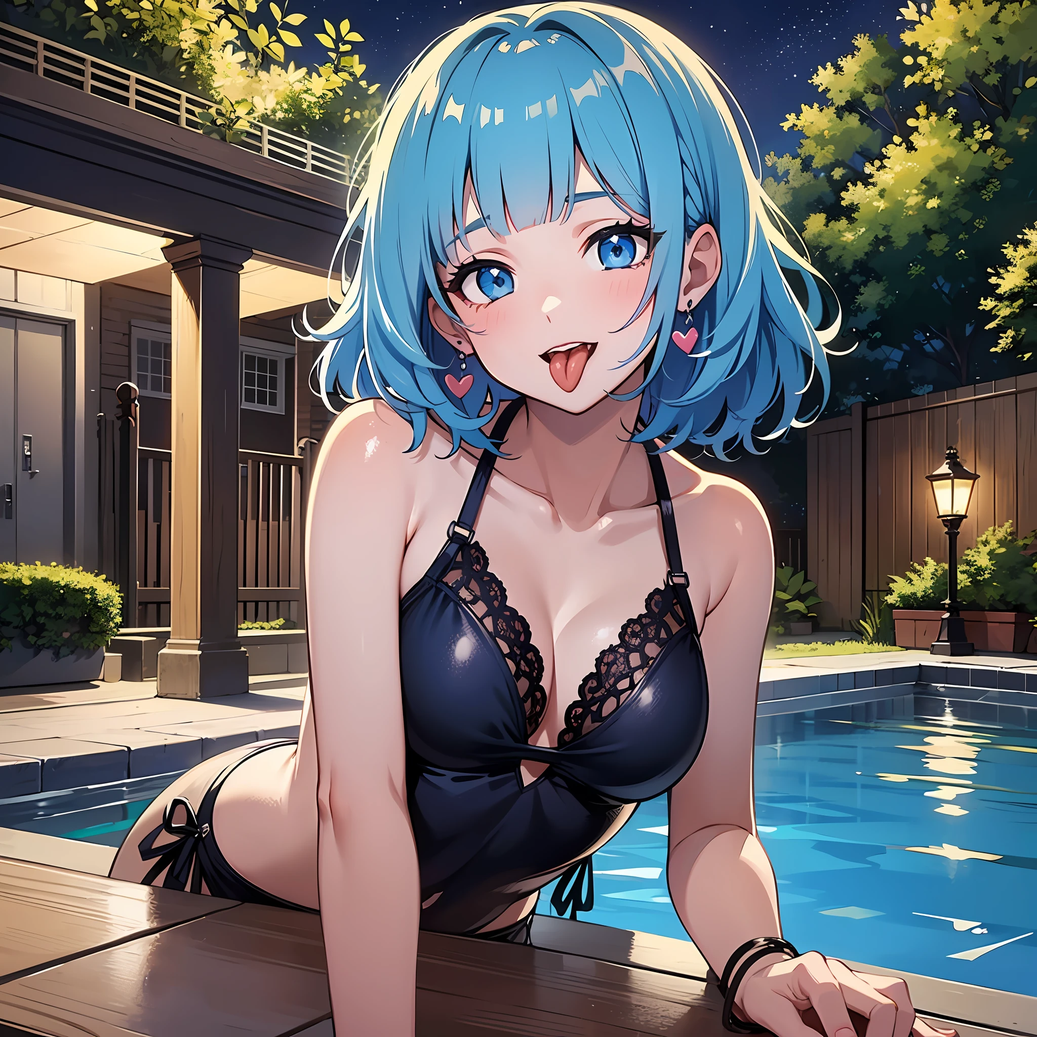 (masterpiece:1.3), (best quality:1.3), high resolution, 


upper body, 
leaning forward, breast squeeze, body facing forward, 

(one cute girl:1.3), solo, 
white skin, small Breast, eight-headed person, 
light blue hair, (bobbed hair:1.2), short hair, (blunt bangs:1.2), beautiful hair, blue eyes, beautiful detailed eyes, 

(tongue out:1.3), heart, cheerful smile, 

bikini, hamburger, earrings, 

outdoors, (night:1.2), night sky, swimming pool, 

shadowlighting,