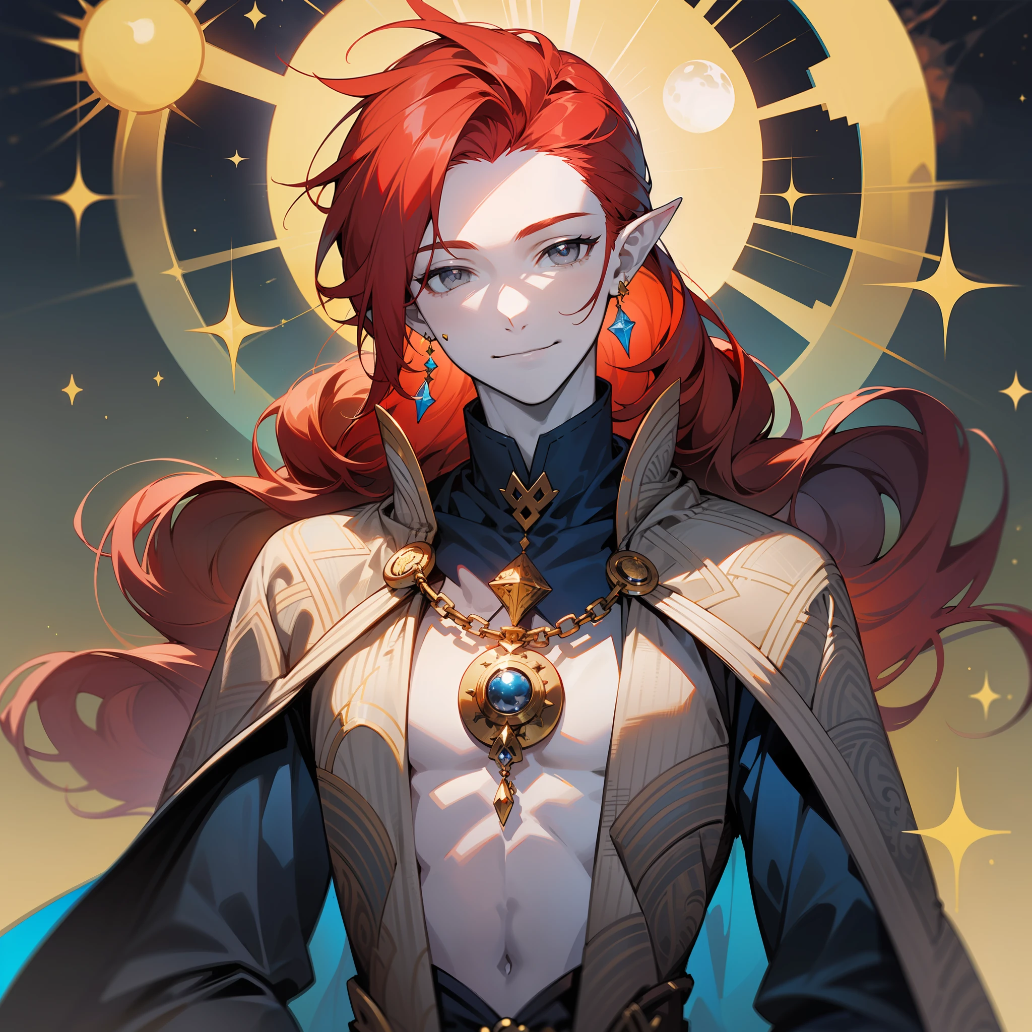 young man, (((male))), (((man))), (((one person))), single, solo, (((very pale skin))), ((pale skin)), (((red hair))), ((red colored hair)), (((grey colored eyes))), long hair, slim figure, ((flat chest)), ((wearing fantasy clothes)), ((fantasy style)), (((dark blue clothes))), ((golden details)), ((fantasy patterns on clothes)), (((magical patterns on clothes))), ((wearing gold accessories in his hair)), ((pointy ears)), (((grey eyes))), smooth skin, stars decoration, sun moon decoration, magic, ((male face)), smiling