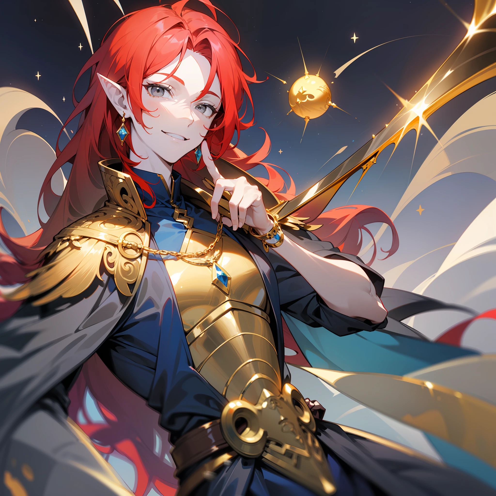 young man, (((male))), (((man))), (((one person))), single, solo, (((very pale skin))), ((pale skin)), (((red hair))), ((red colored hair)), (((grey colored eyes))), long hair, slim body, ((flat chest)), ((wearing fantasy clothes)), ((fantasy style)), (((dark blue clothes))), ((golden details)), ((fantasy patterns on clothes)), (((magical patterns on clothes))), ((wearing gold accessories in his hair)), ((pointy ears)), (((grey eyes))), smooth skin, stars decoration, sun moon decoration, magic, ((male face)), smiling, holding a sabre in each hand