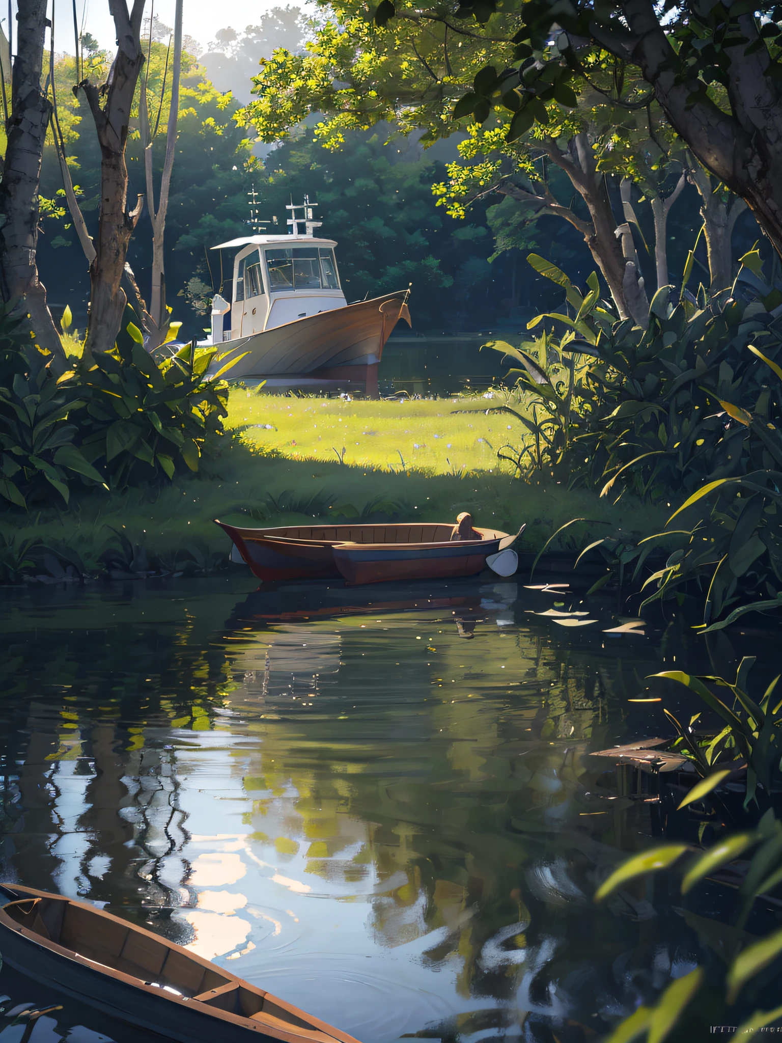 Wallpaper, summer pond, pond, boat, afternoon sun, reeds, pond background, depth of field, hot weather, HD detail, wet watermark, hyperdetail, realistic photo, 16k, surrealism, soft light, deep field focus bokeh, ray tracing, diffuse (ultra-fine glass reflection) and surrealism. --v6