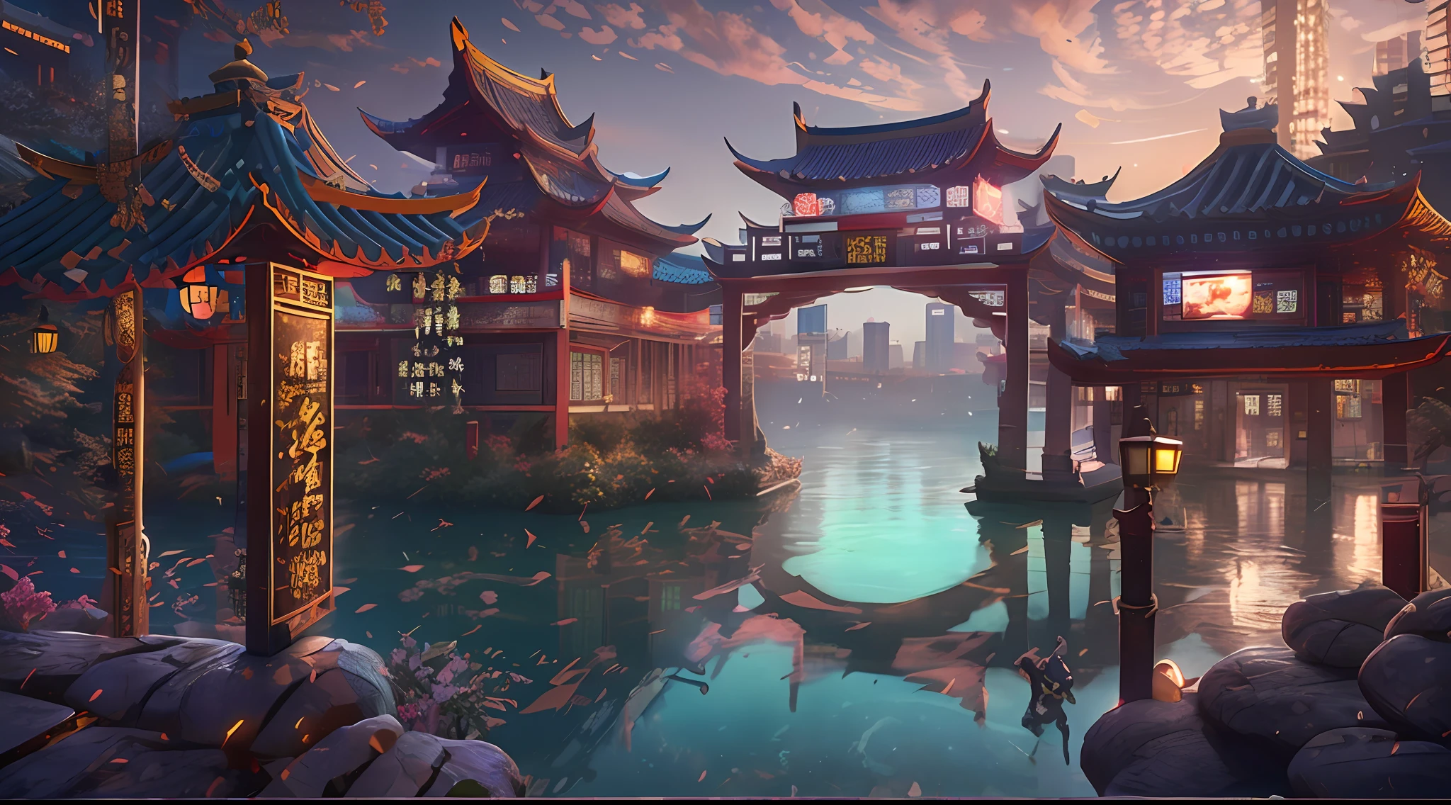 Chinese-style architecture,temple,pavilion,the tower,arch bridges,Yoyo river water,As night fell,Lantern embellishment,Silence and no one,Downtown skyline,Top quality masterpiece illustration wallpaper,Full body presentation,High-definition complex textures,City background cinematic depth of field,Art Station Trend 32K Ultra HD Ultra Realistic,Cinematic lighting aesthetics,Perfect body condition,Rendering in vivid colors。