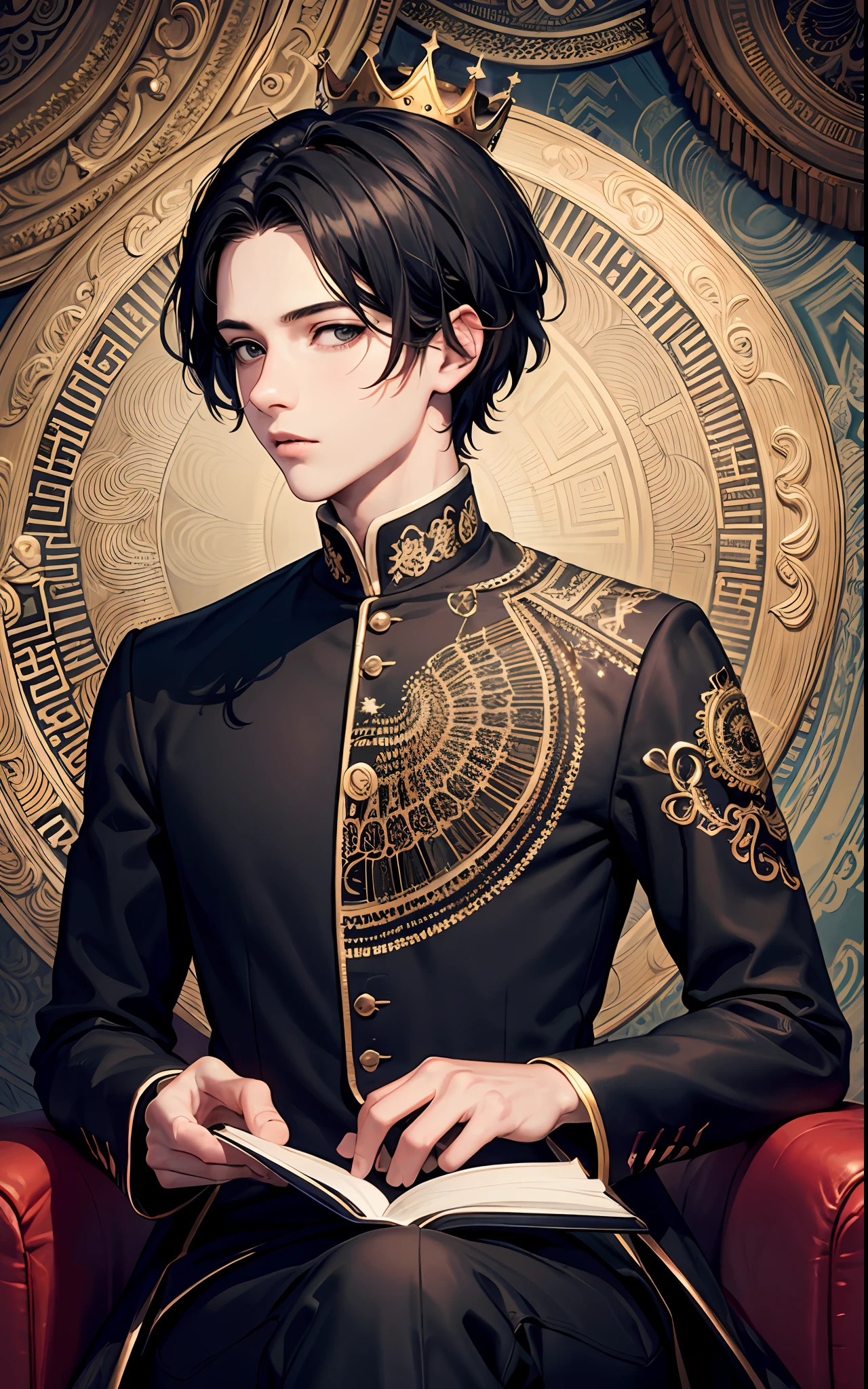 masterpiece, top quality, best quality, official art, beautiful and aesthetic:1.2), (1man), teen man, young man, man of 16, extreme detailed,(fractal art:1.3),colorful,highest detailed, black hair, short hair, black eyes, prince, thin, crown, sitting, holding a book