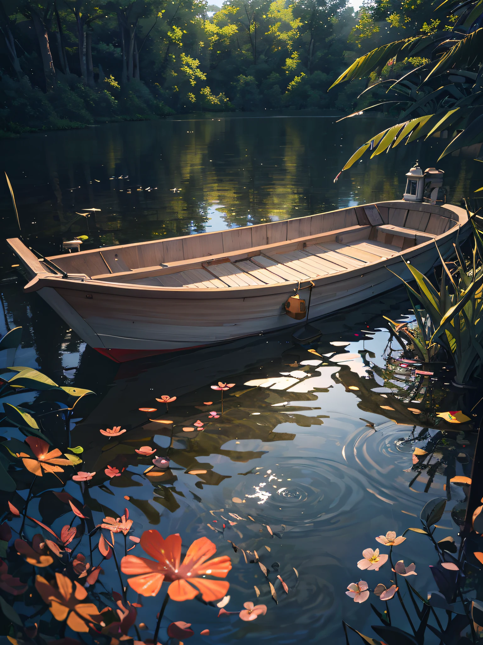 Wallpaper, summer pond, pond, boat, afternoon sun, reeds, pond background, depth of field, hot weather, HD detail, wet watermark, hyperdetail, realistic photo, 16k, surrealism, soft light, deep field focus bokeh, ray tracing, diffuse (ultra-fine glass reflection) and surrealism. --v6
