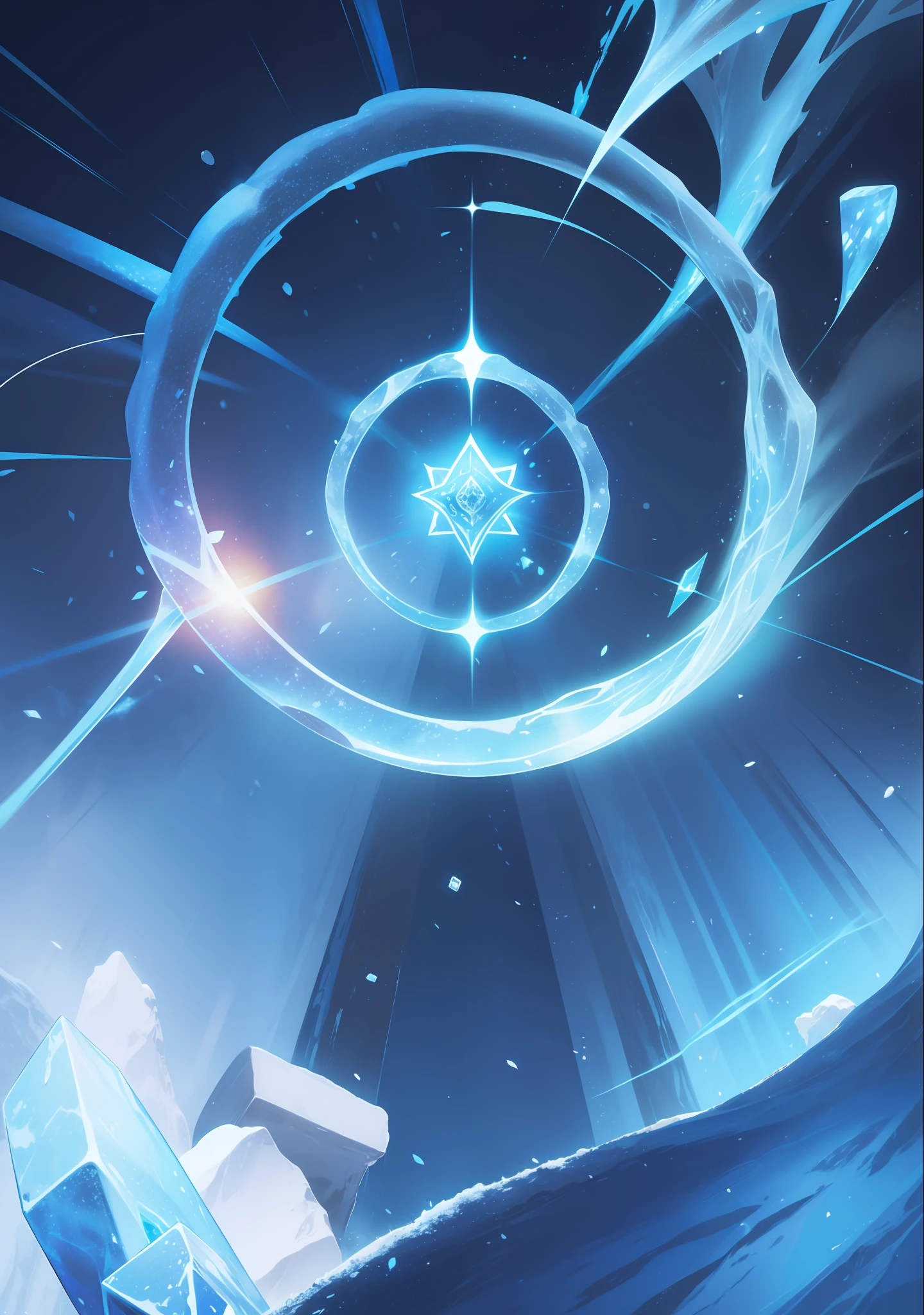 Magic scrolls，magic cirlcle，blue colors，Ice and snow，chilly，Full of energy，magic energy，Parchment material，Scrolls placed on the snow，Magic，Western magic style