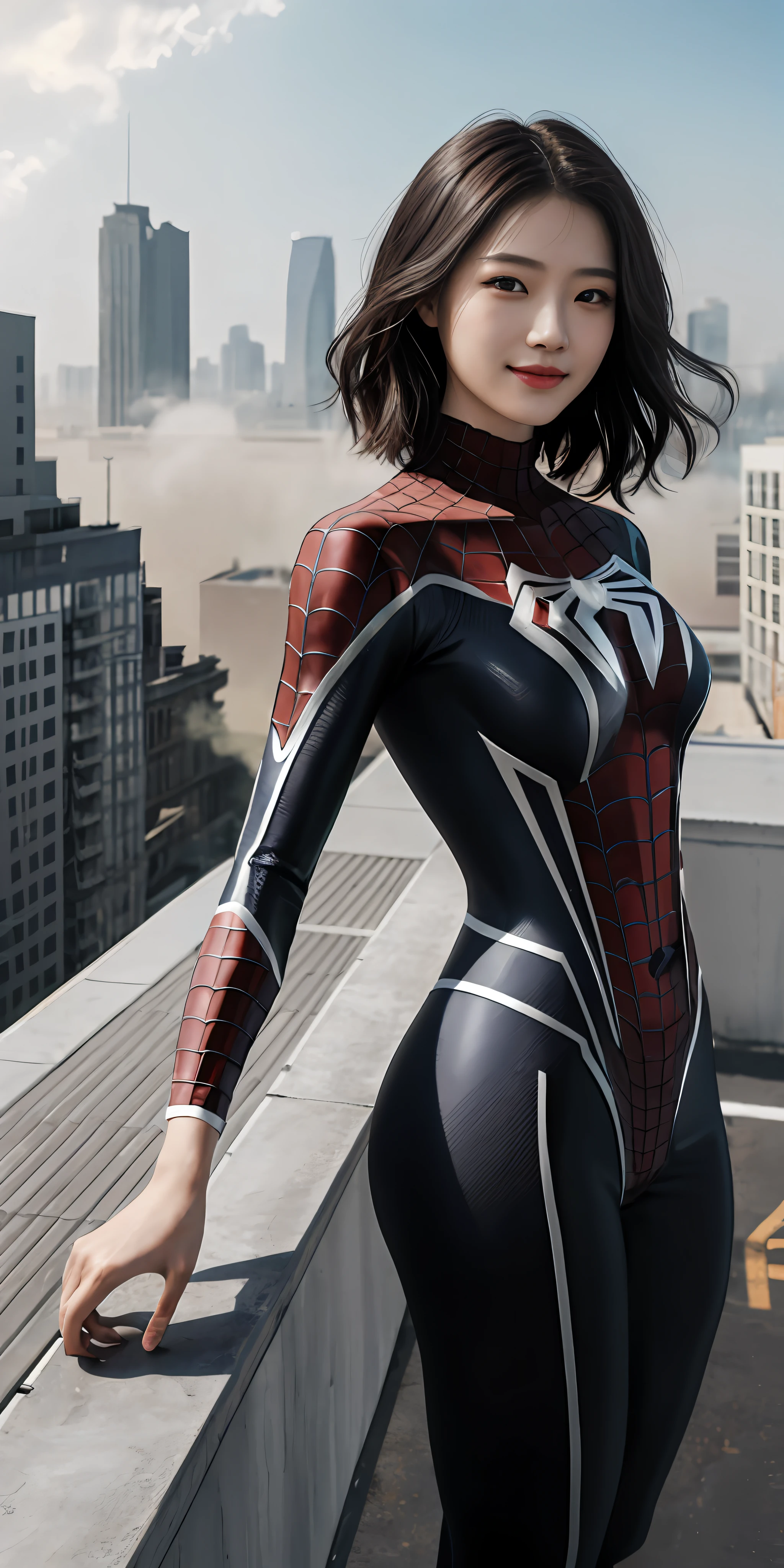 ChineseGirl(1girll:1.3), holding a pistol,byself, (((very vey very detailed face))),(((very detailed eyes and faces))),(Smiling and cold:1.2),Revenge emoticon,short detailed hair(black in color:1.3),beatiful detailed eyes,Body parts__,offcial art,Unified 8k wallpaper,ultra-detailliert,Beautiful and beautiful,big breasts beautiful,tmasterpiece,best qualtiy,primitive,tmasterpiece,ultra fine photos,best qualtiy,超高分辨率,photorealistic realism,rays of sunshine(The background is sunlight),full-body portraits(Raised sexy:1.3),stunningly beautiful,dynamicposes,delicated face,Vibrant eyes,(From the front side), she is in a spider-man suit(Spider pattern:1.2),Red and black color scheme,Very detailed city roof background, Roof,looking over city,详细的脸(Side lighting:1.2),detailed complex busy background,opulent,milkyW,(((Absolutely perfect body proportions))),highly detailedskin,Realistic details of skin,Visible pores,Clear focus,volume fog,rained,Drenched,8K UHD,digital SLR camera,high qulity,filmgrain,White skin of the(Delicate and smooth:1.2),photorealestic,photo-realism,heroism,(Full body appearance:1.3)