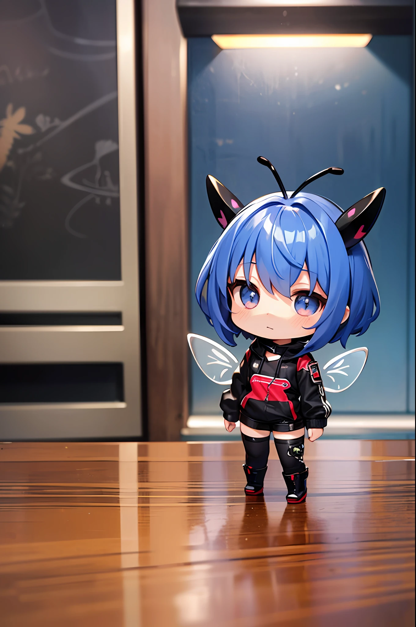 (Chibi: 1.3), strange face, full body, indoors, on the table, (bio punk), research facility, (A chibi character with insect antennae and wings), Nendoroid,